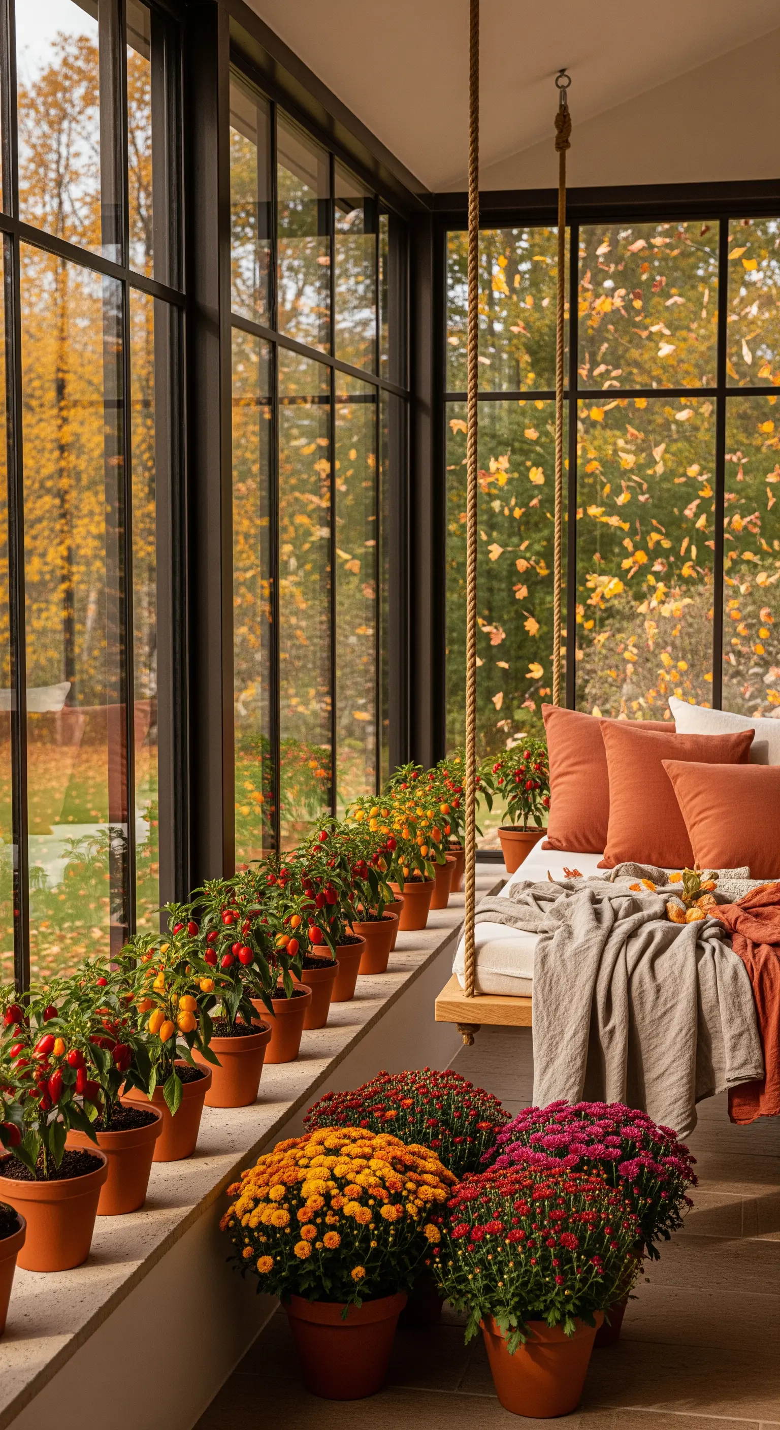 Herbstliche Hängeschaukel im Wintergarten mit Chili-Pflanzen und Chrysanthemen