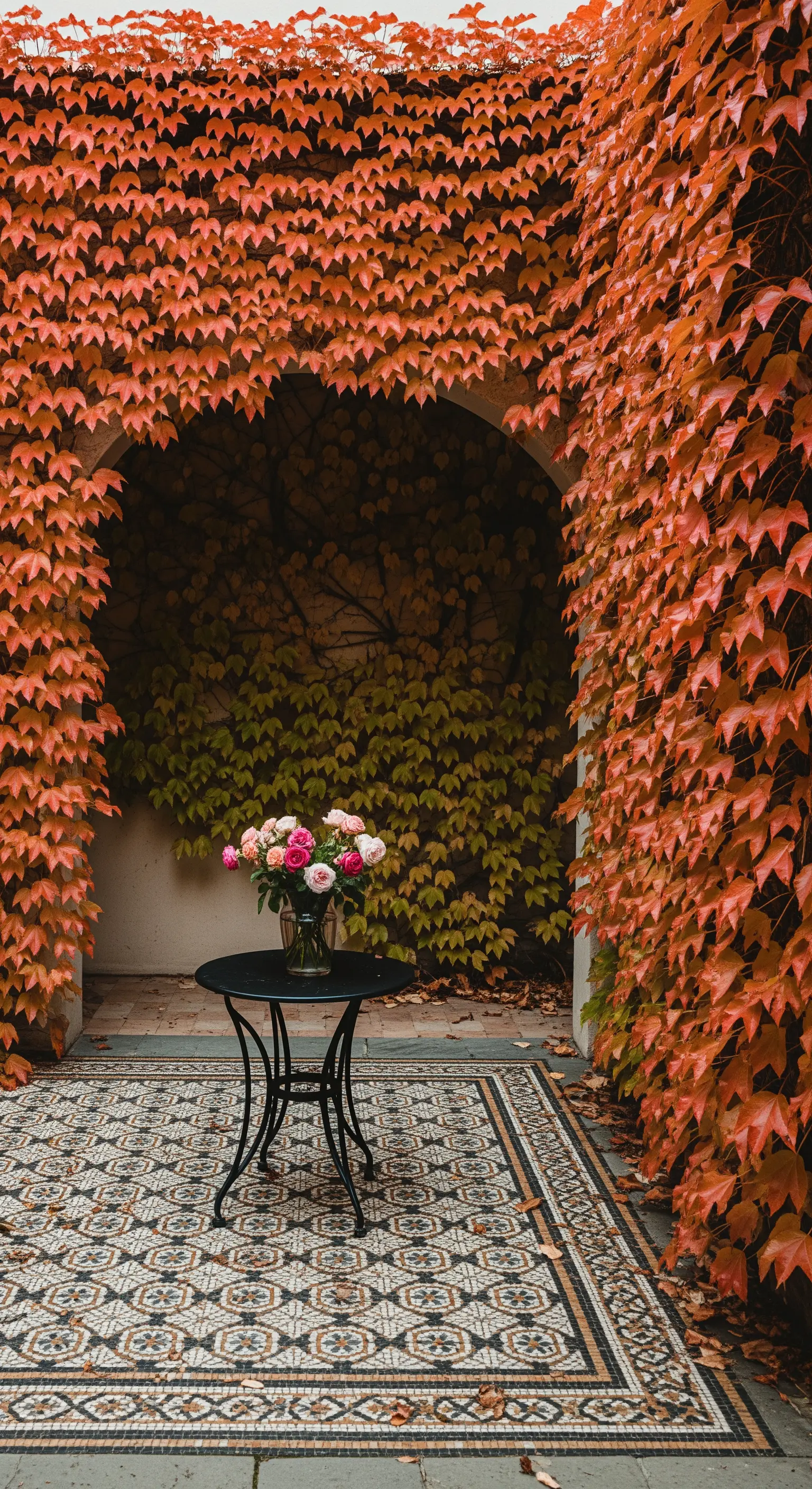 Hof mit Wildem Wein, Mosaikboden und schwarzem Bistro-Set