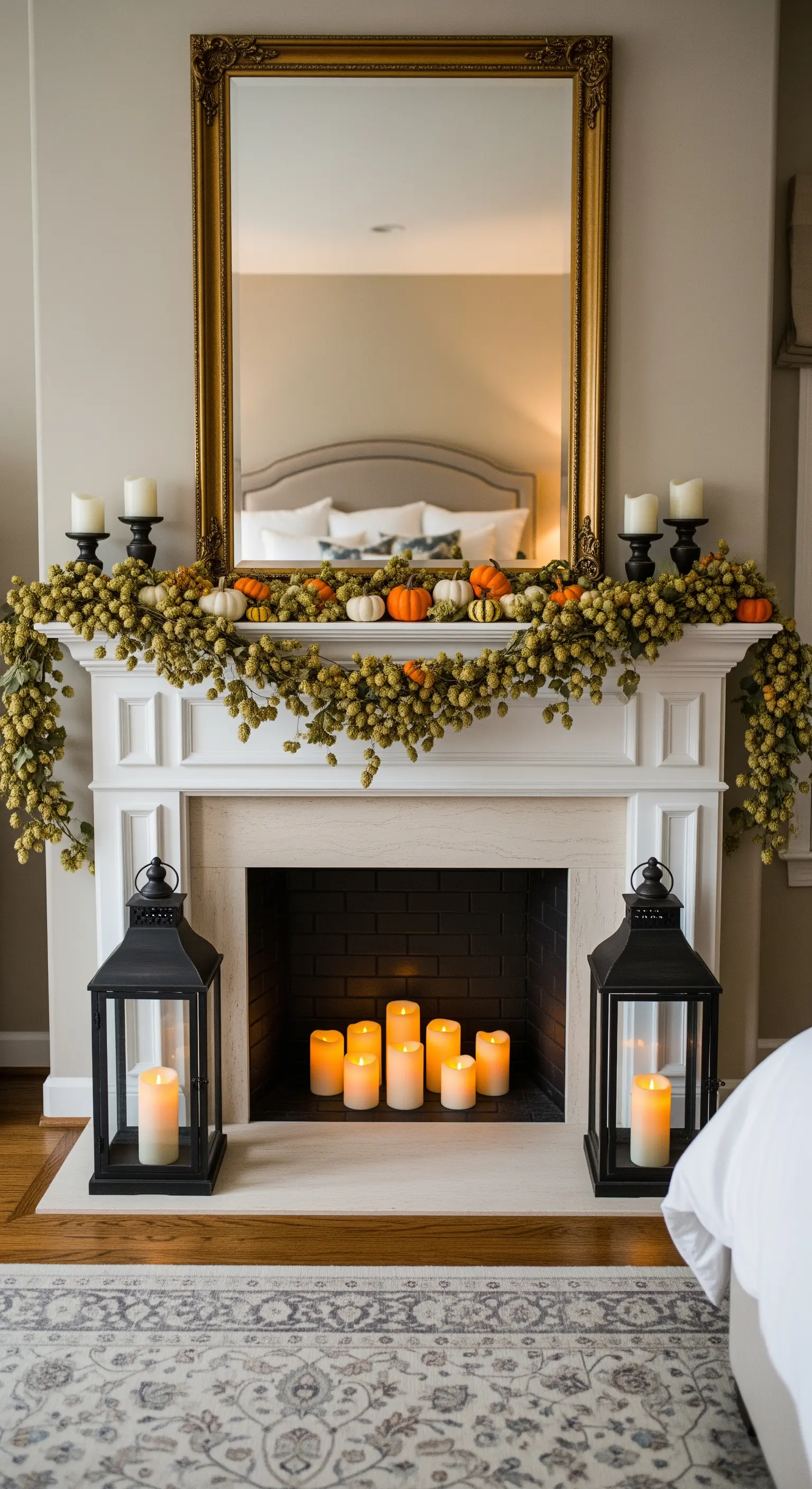 Kamindeko mit Hopfen-Girlande, Deko-Kürbissen, Kerzen und schwarzen Laternen
