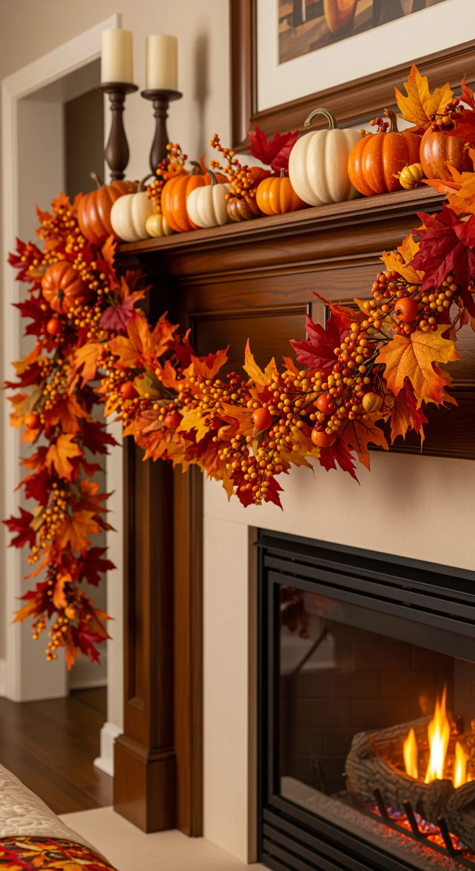 Herbstliche Girlande mit bunten Blättern, Beeren und Kürbissen auf Kaminsims