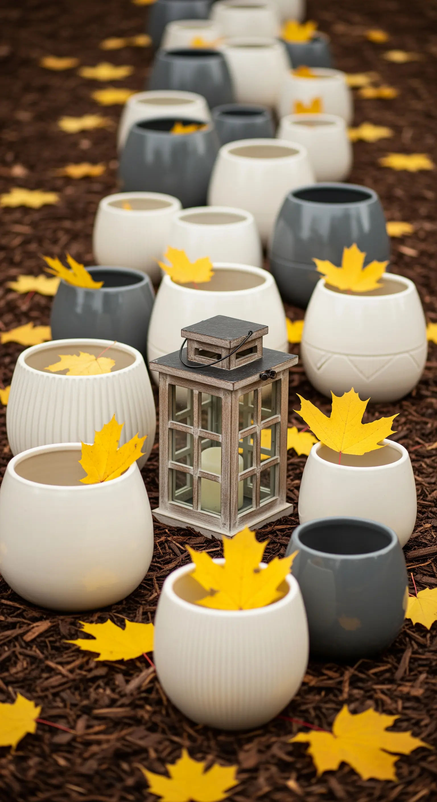 Gartenweg mit Keramiktöpfen, Herbstlaub und Holzlaterne