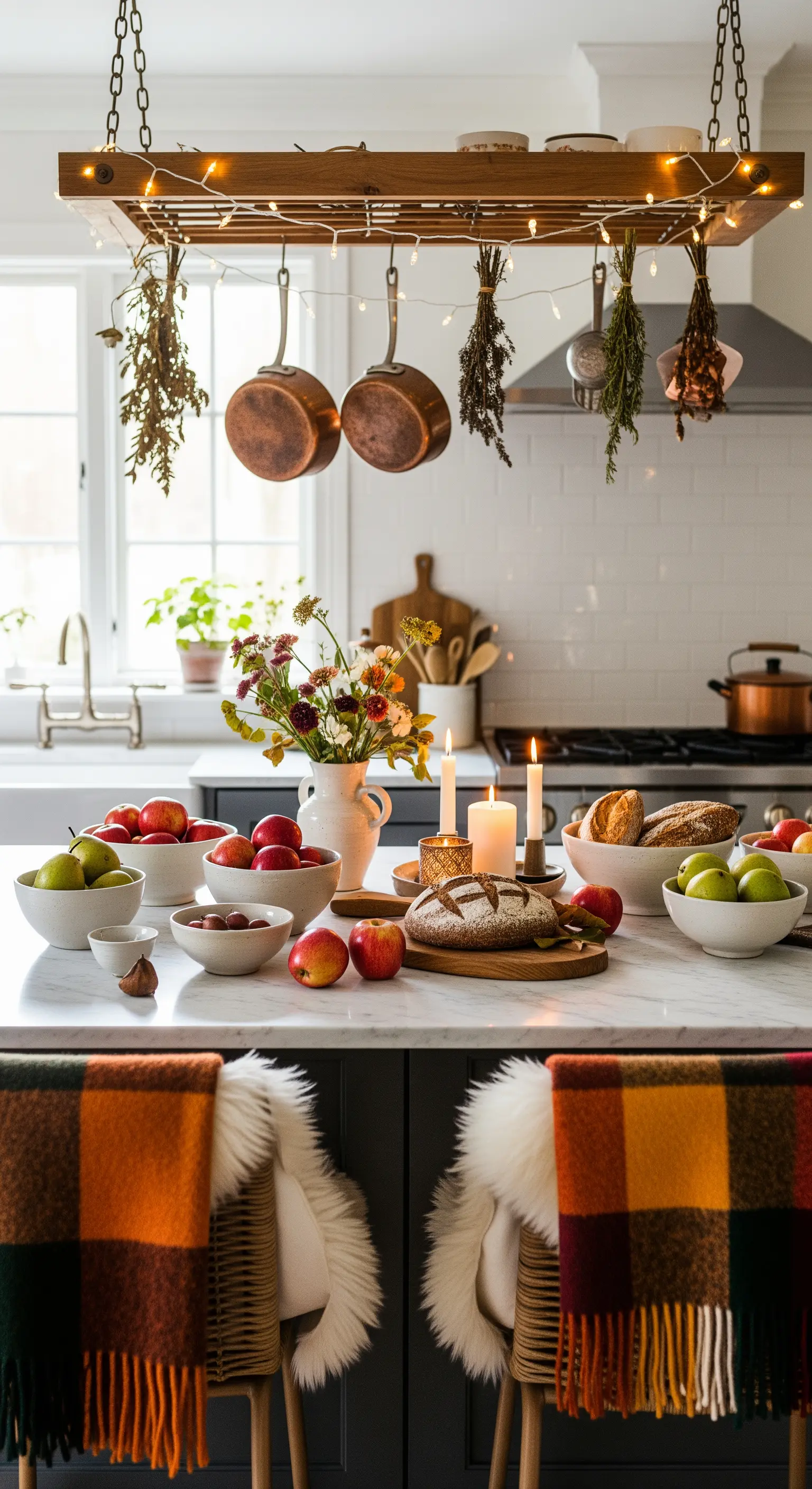Kücheninsel, hängendes Regal, getrocknete Kräuter, Lichterketten, Äpfel, Brot, karierte Plaids.