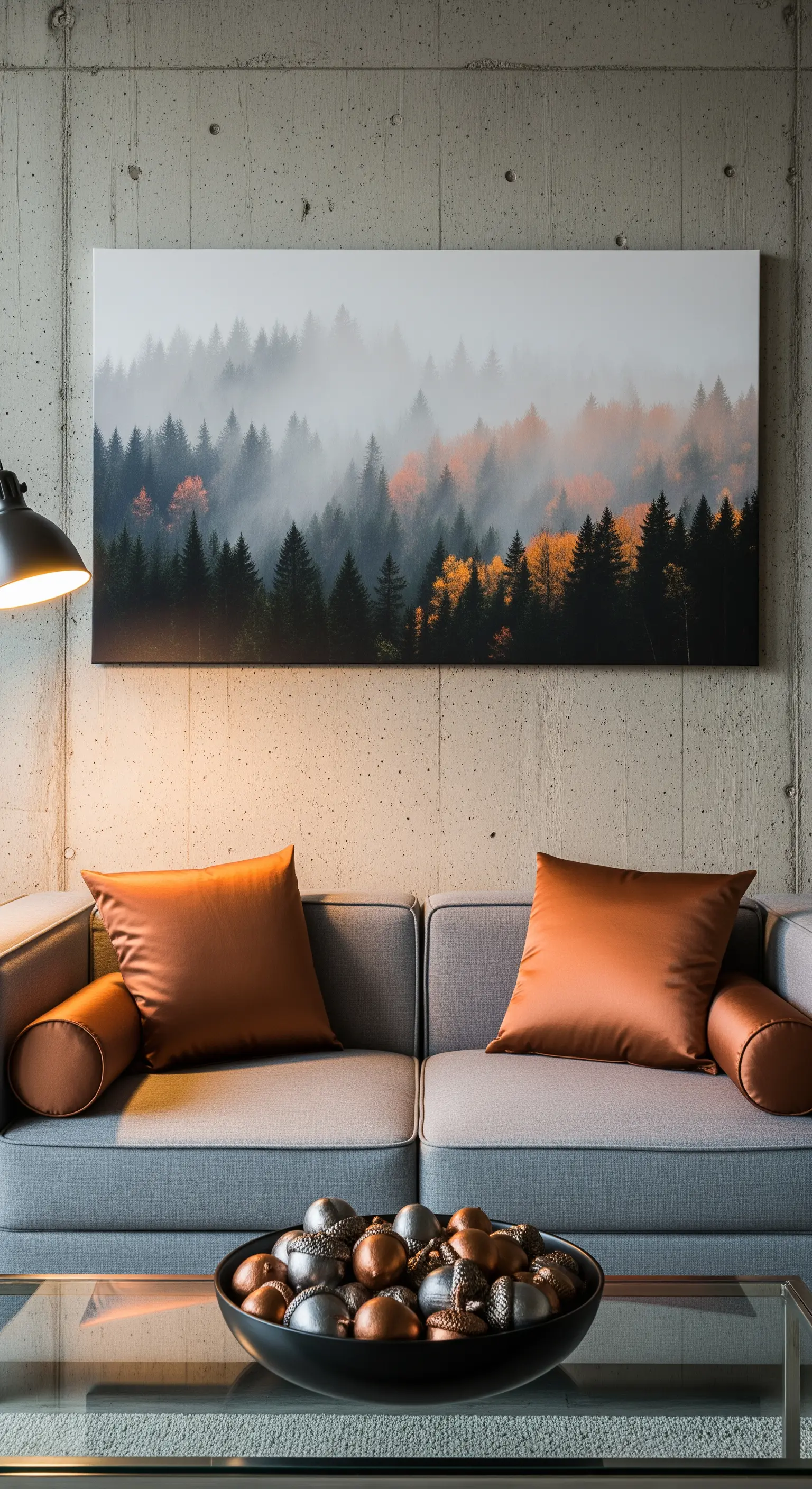 Modernes Sofa mit orangefarbenen Kissen und Waldkunst an Betonwand.