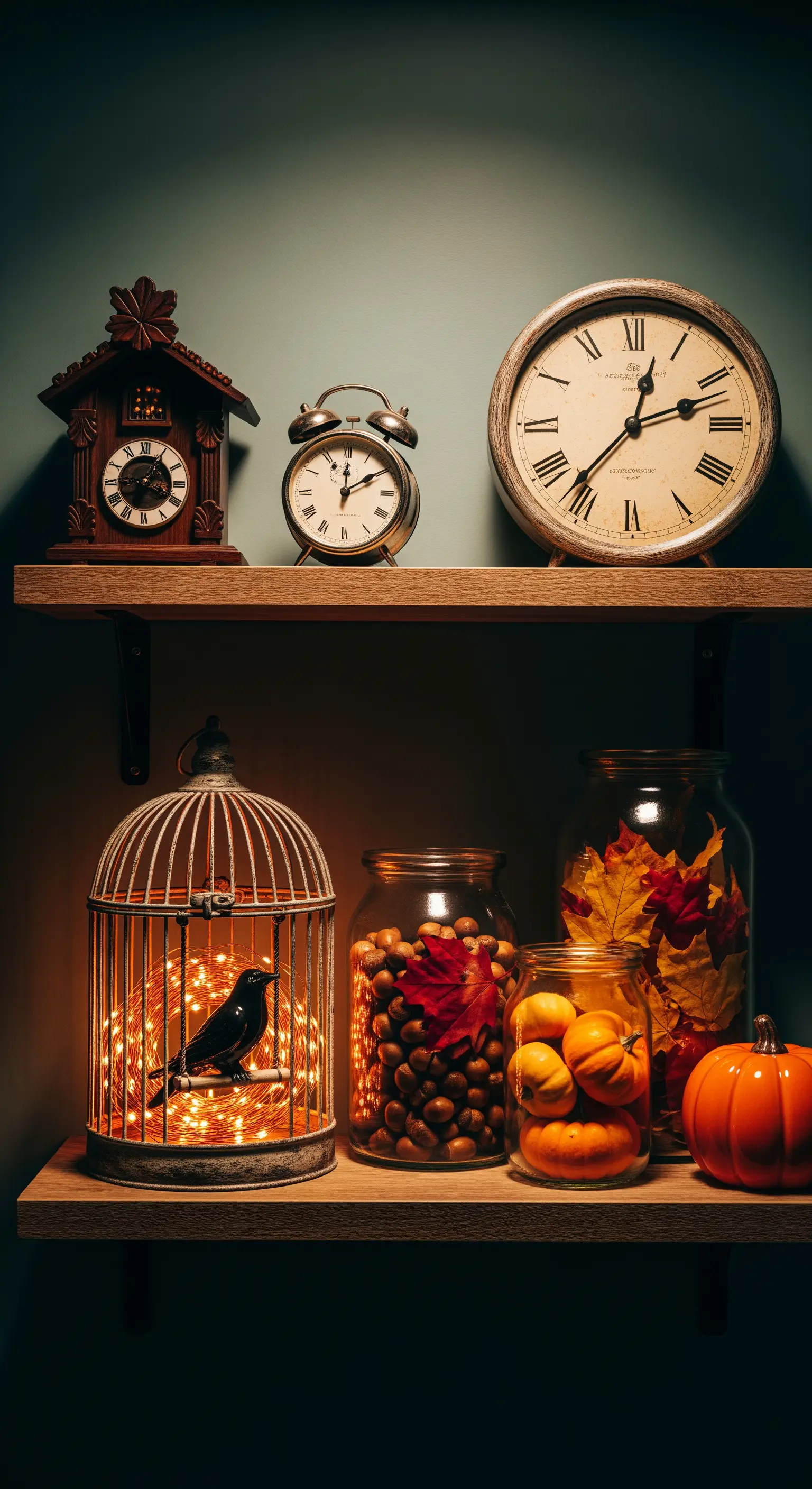 Regal mit Vintage-Uhren, Glasgefäßen, Lichterkette im Vogelkäfig und Deko-Kürbis