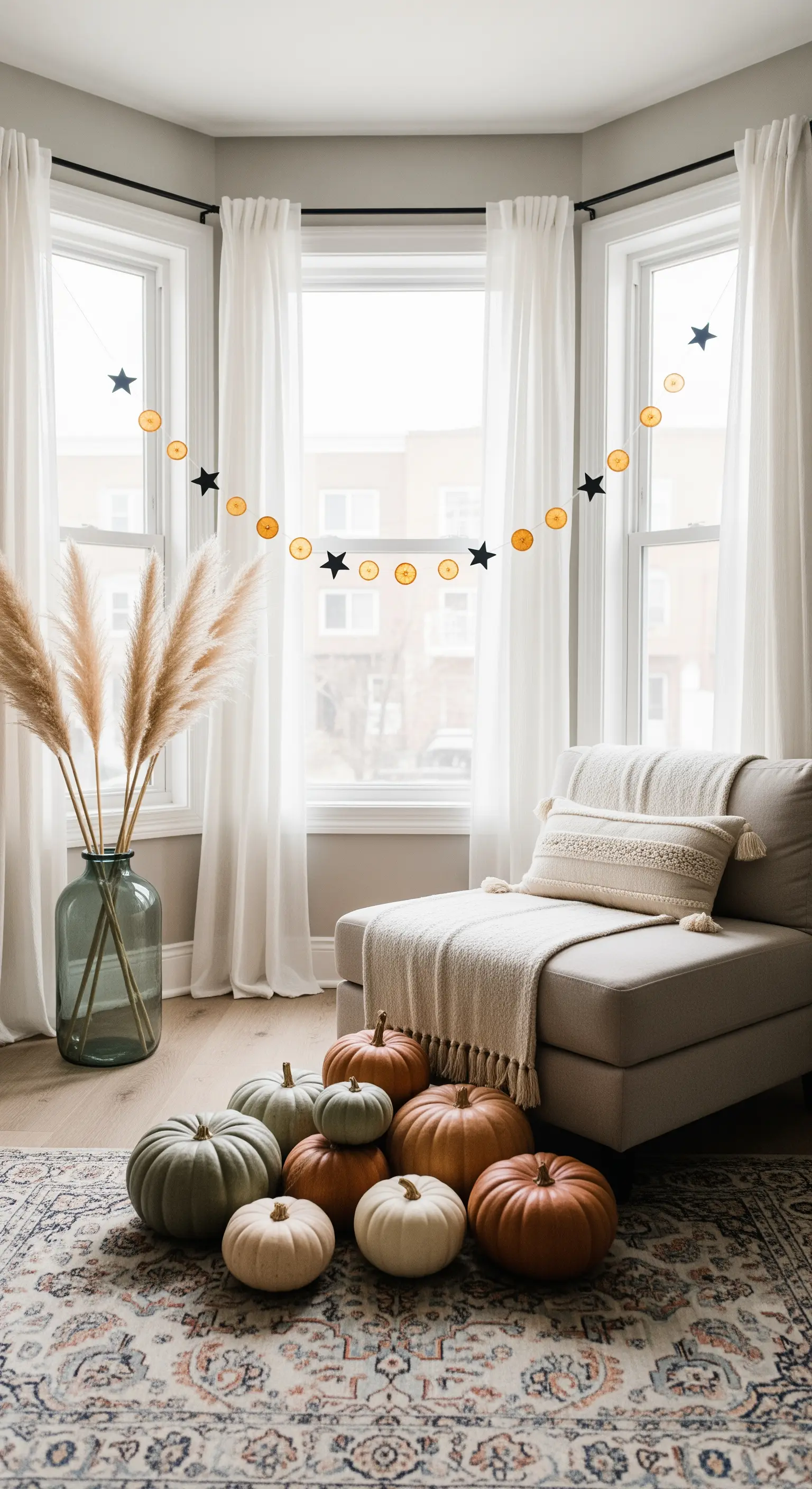 Kuschelecke mit Pampasgras, Herbstkürbissen und einer Orangen-Stern-Girlande.
