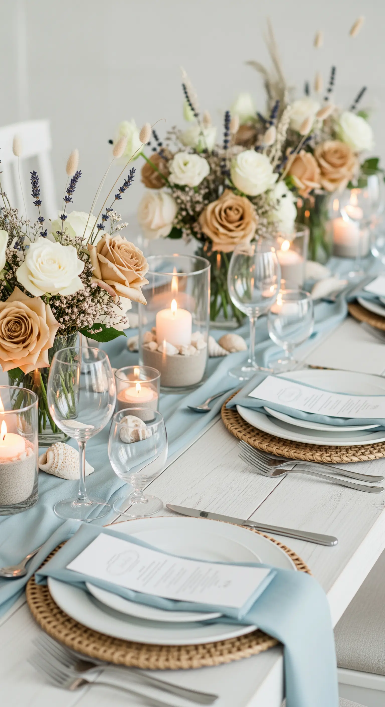 Maritime Herbstdeko mit blauem Läufer, Sand in Kerzengläsern und beigefarbenen Rosen.