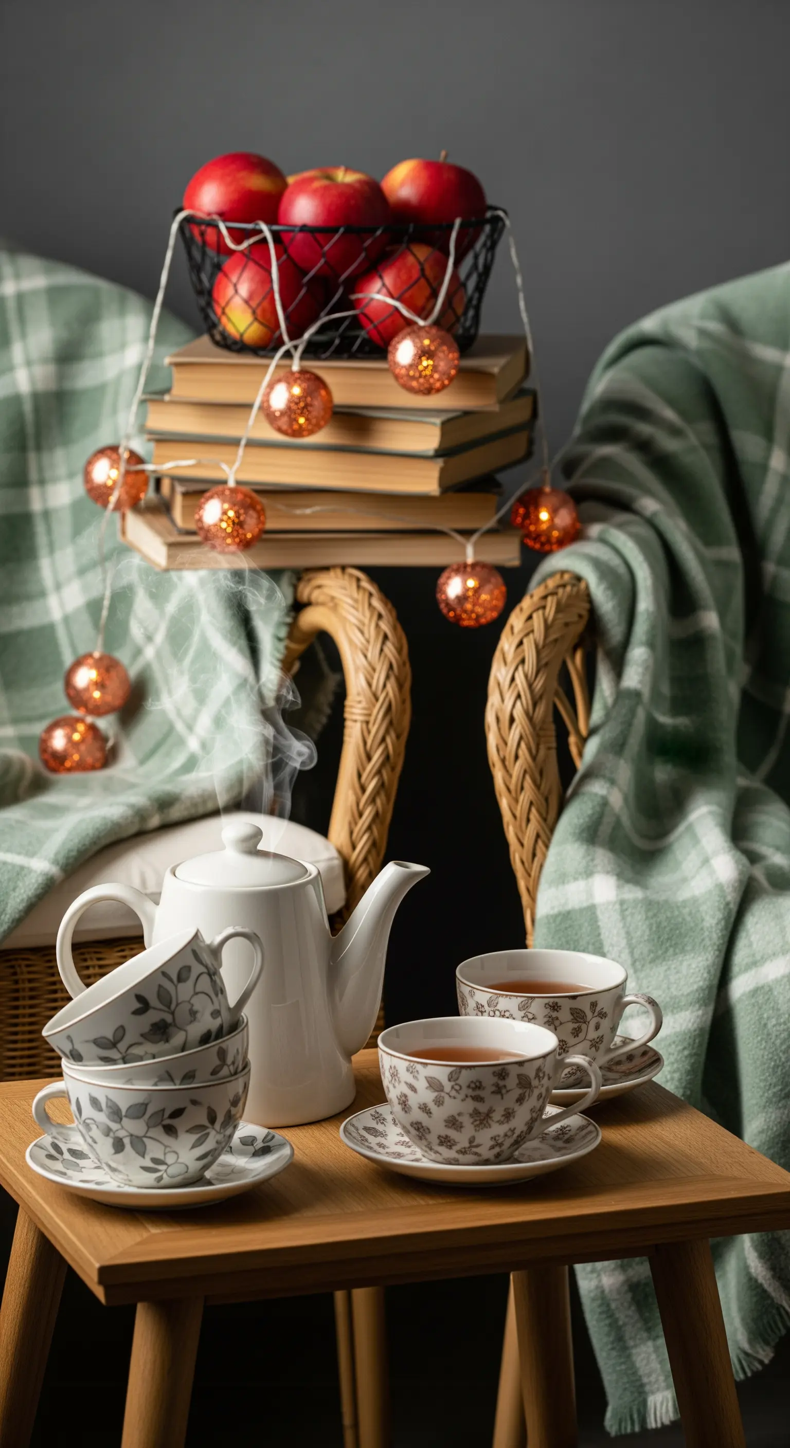 Leseecke, grüne Plaids, Bücher, Äpfel, Lichterketten, Teekanne und Tassen.