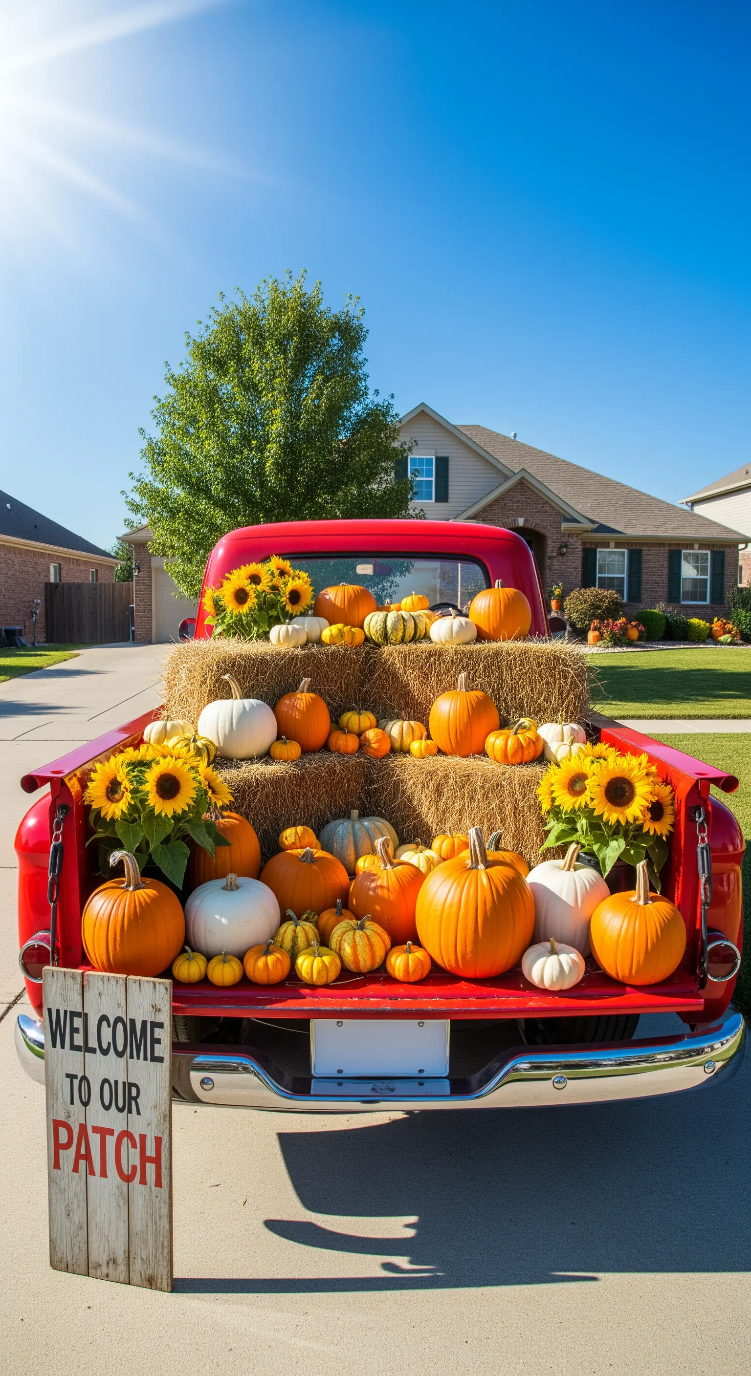 Roter Pick-up mit Kürbissen, Stroh und Sonnenblumen auf der Ladefläche