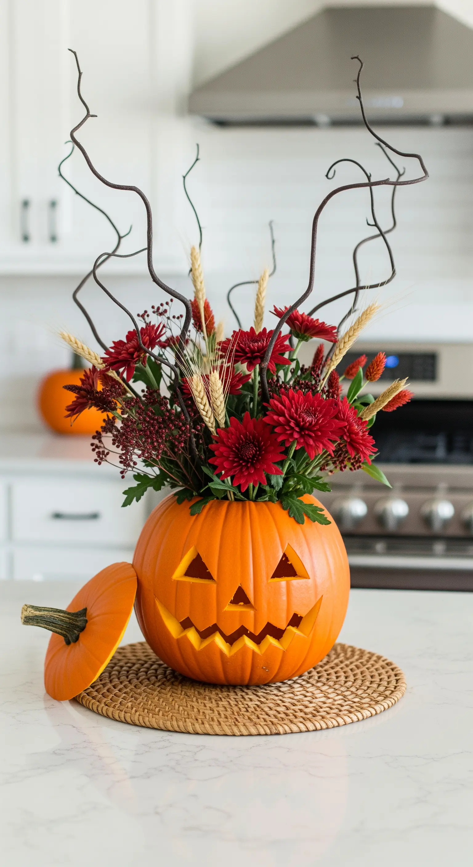 Ein geschnitzter Kürbis dient als Vase für einen herbstlichen Blumenstrauß aus roten Blumen und Zweigen.