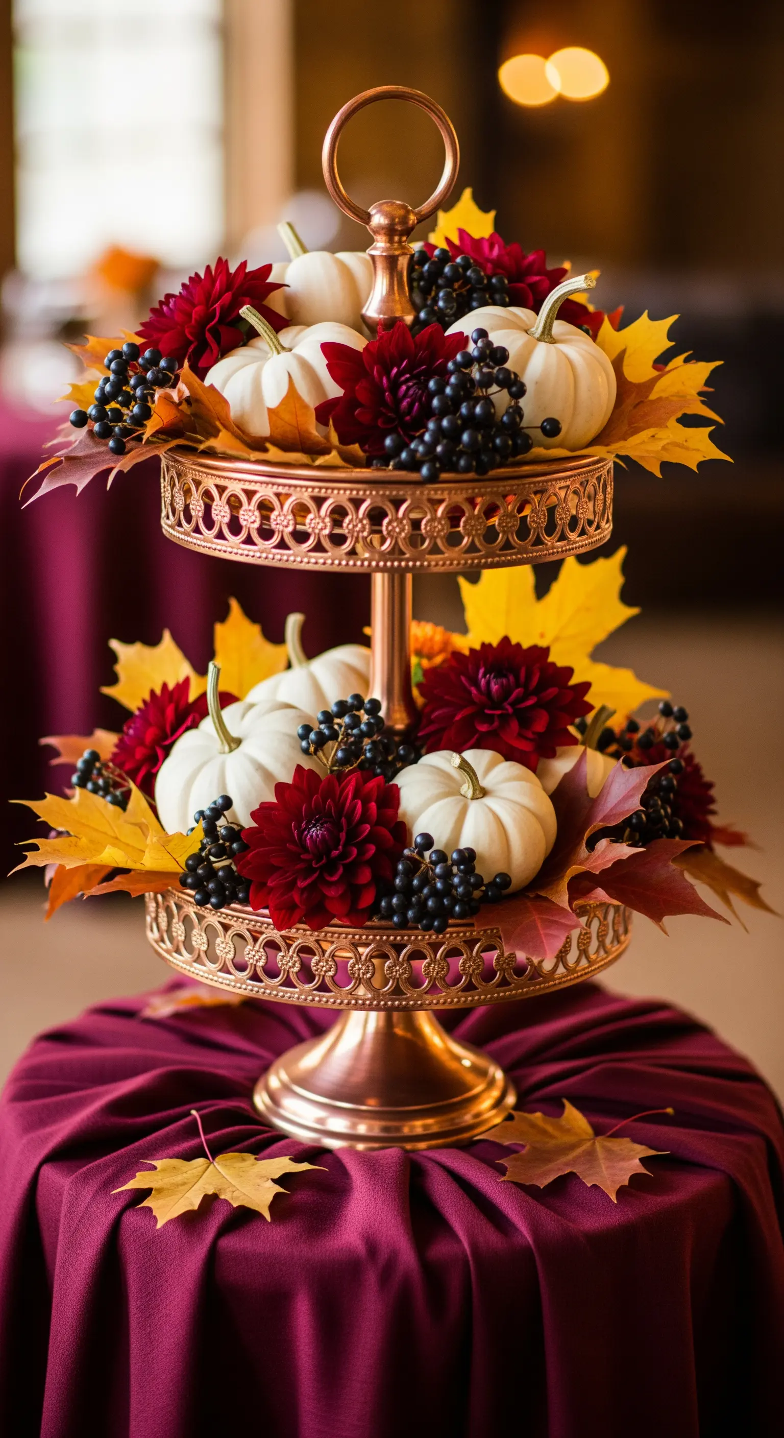 Kupferfarbene Etagere mit weißen Zierkürbissen, roten Dahlien und Herbstlaub.