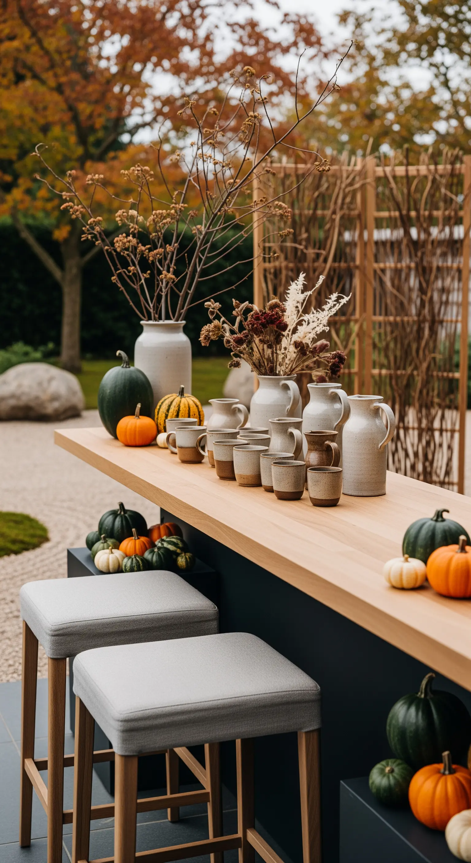 Outdoor-Bar mit Keramikvasen, Trockenblumen und Zierkürbissen