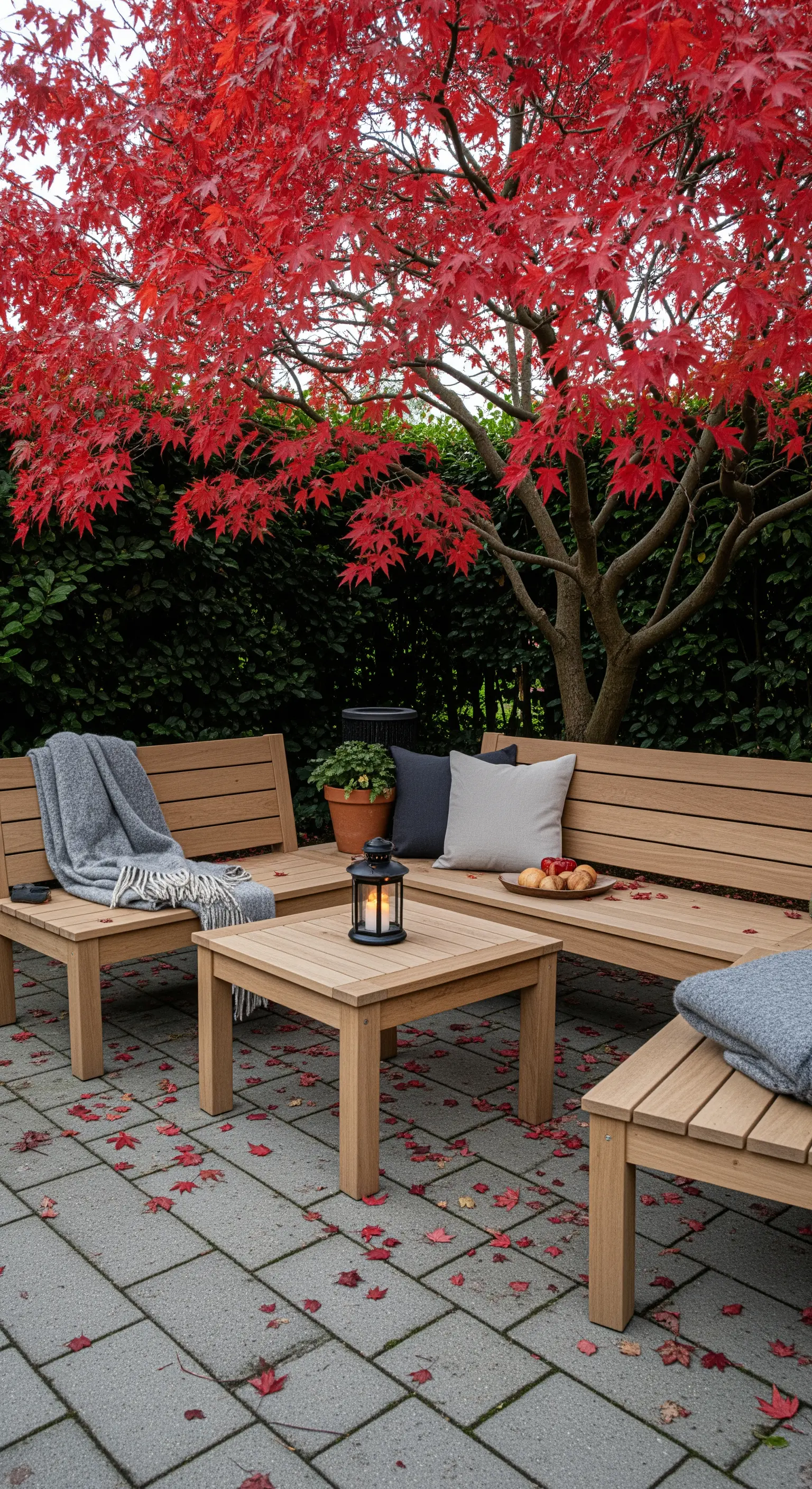 Herbstliche Japandi Lounge unter rotem Ahorn