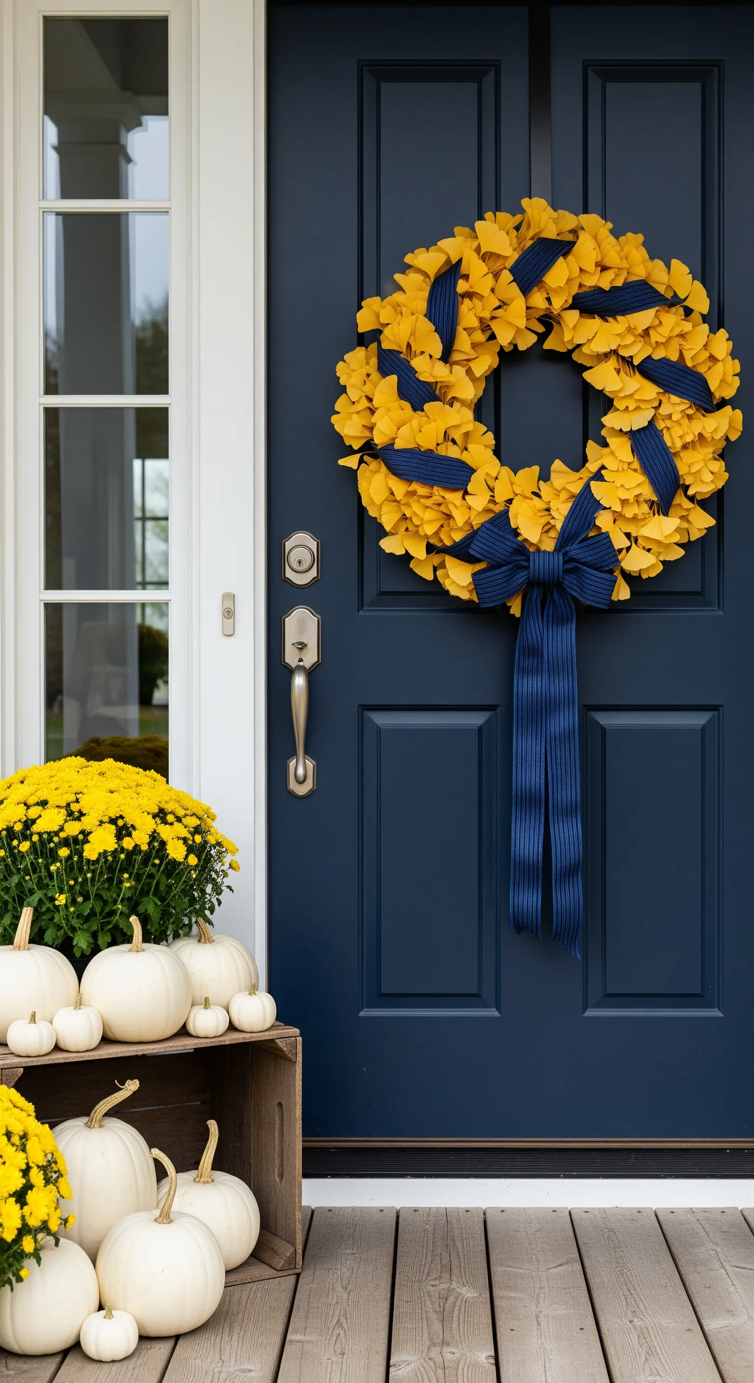 Ginkgoblätterkranz mit marineblauen Bändern an marineblauer Tür, weiße Kürbisse