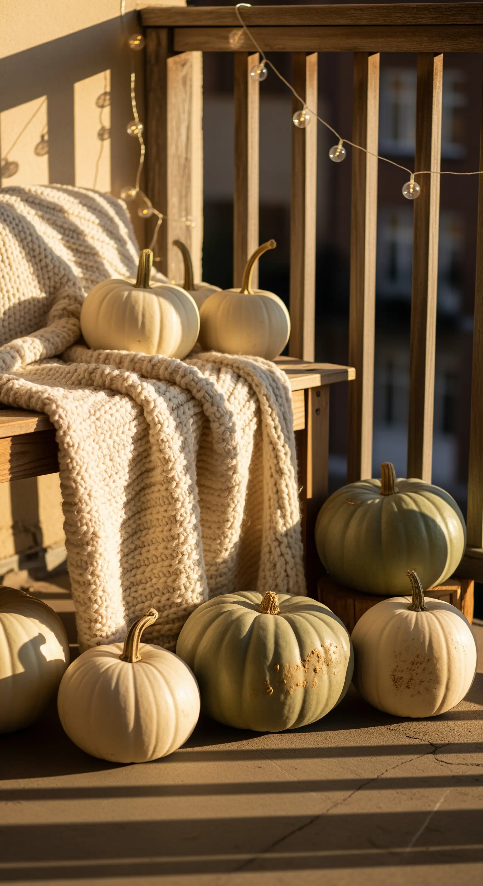 Balkon Deko mit weißen, salbeifarbenen Kürbissen, Strickdecke, Lichterkette