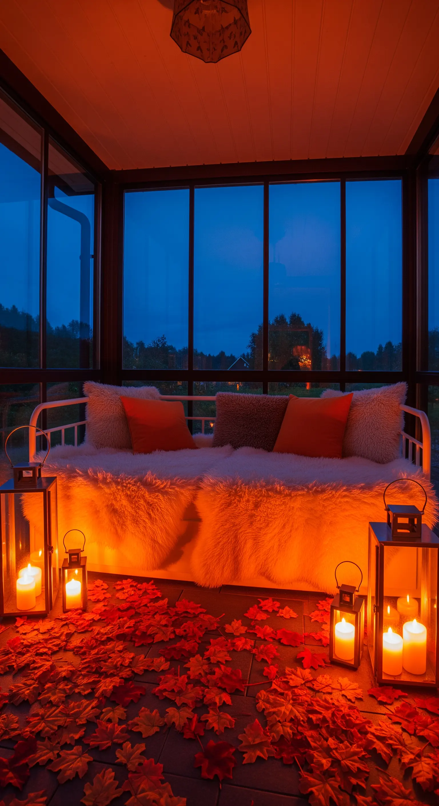 Verglaster Balkon mit Tagesbett, flauschiger Decke, orangefarbenen Blättern und großen Laternen.