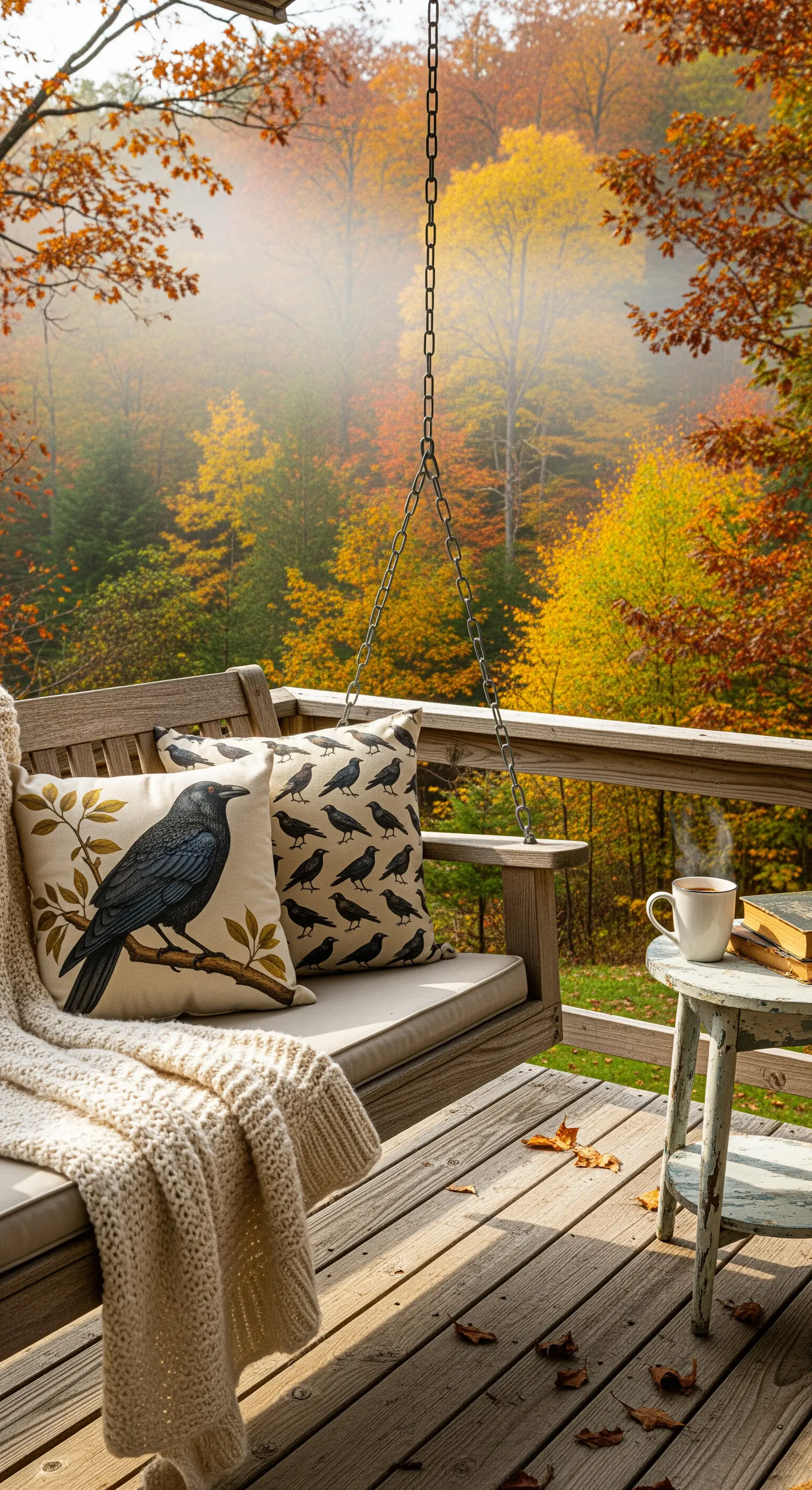 Verandaschaukel mit Raben-Kissen, Strickdecke, Kaffee und Herbstlaub-Hintergrund.