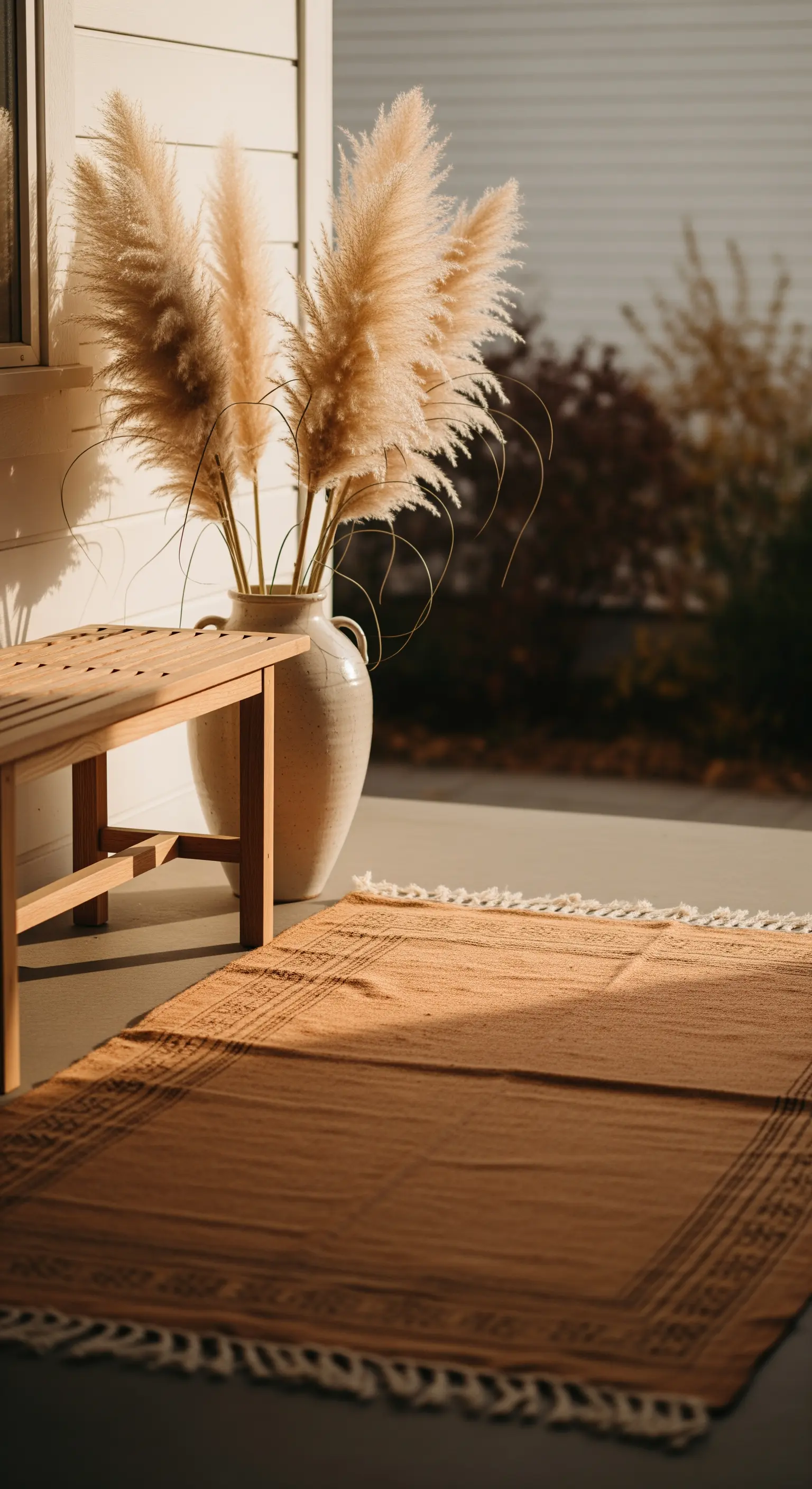 Veranda mit Pampasgras in Keramikvase, Holzbank und Naturteppich