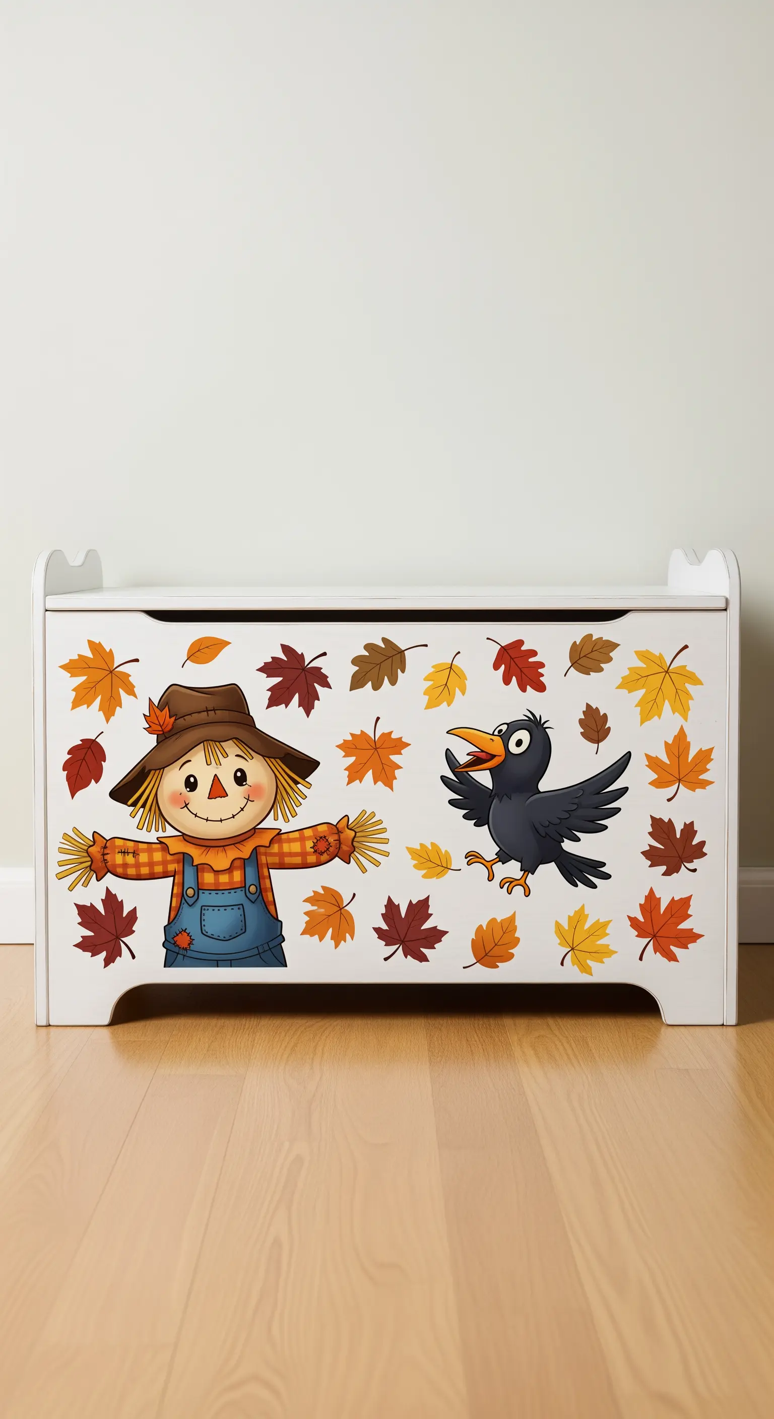 Eine weiße Spielzeugkiste, die mit bunten Herbst-Aufklebern von einer Vogelscheuche und Blättern verziert ist.