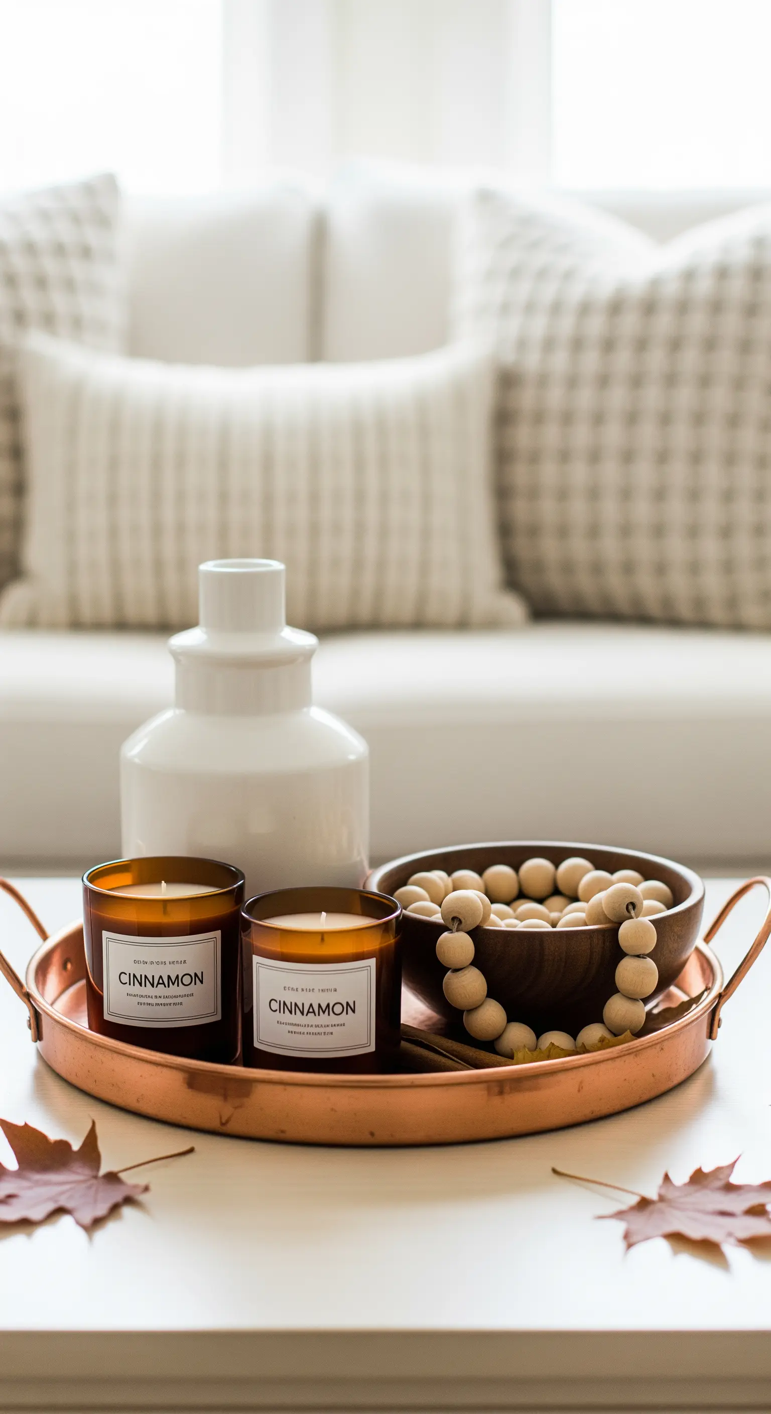 Nahaufnahme eines Kupfertellers mit Zimtkerzen, Holzperlen und Herbstblättern