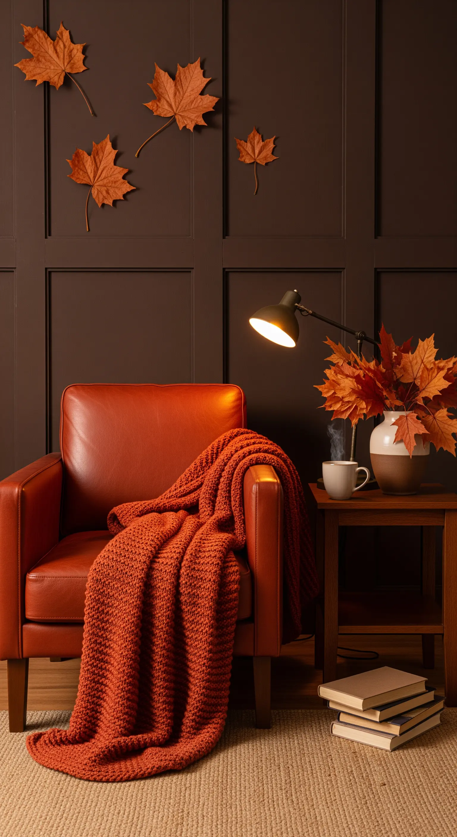 Herbstliche Wanddeko mit Blättern und rostbraunem Ledersessel