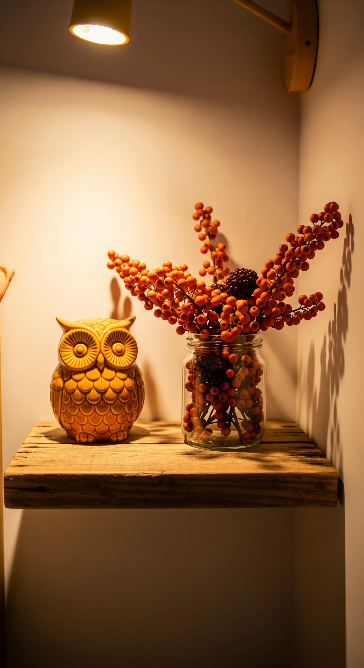 Wandregal mit Eulenfigur, Beeren in Glasvase, warmes Licht.