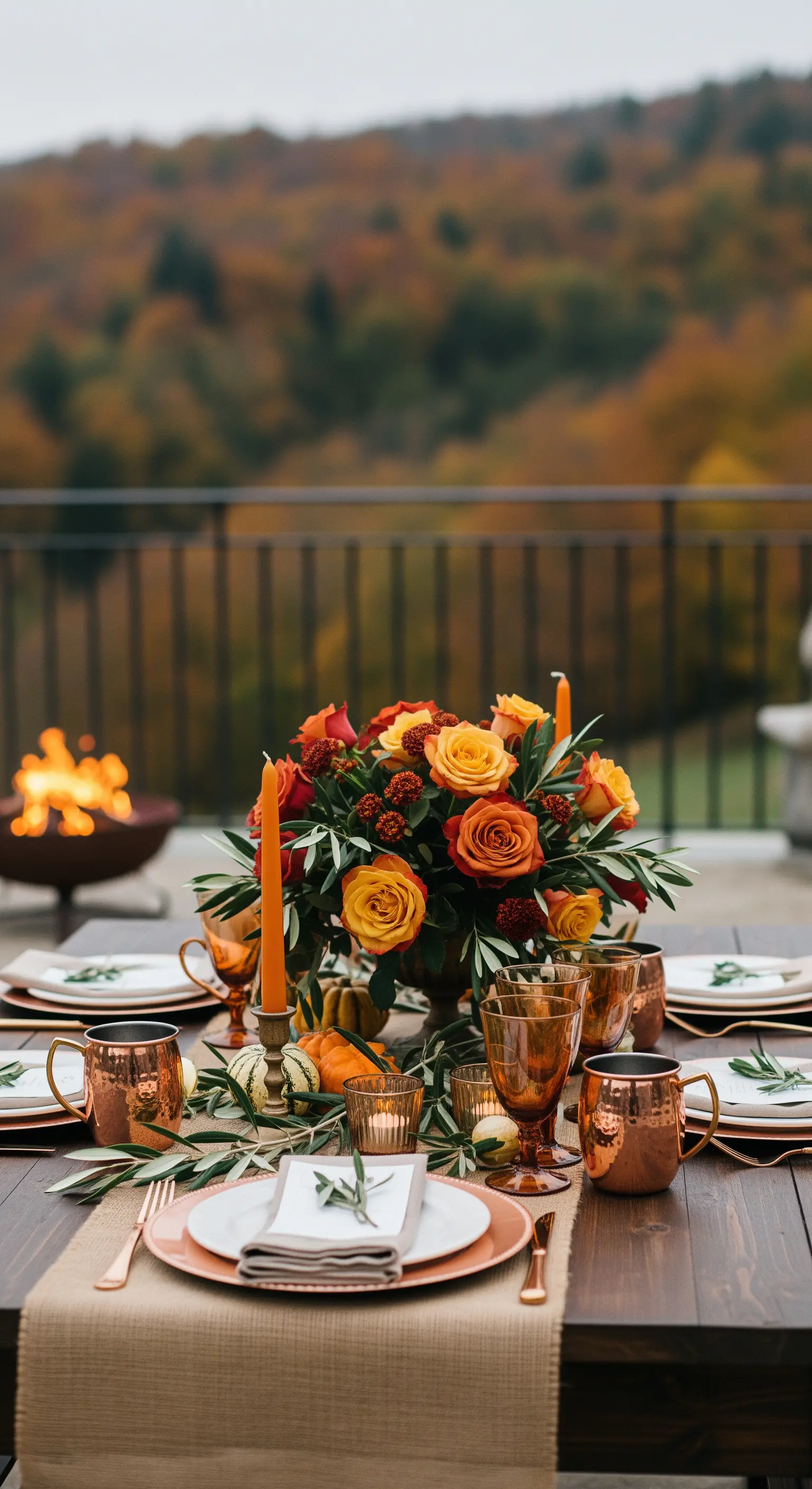Herbstliche Tischdeko mit orangen Rosen, Kürbissen und Kupferbechern