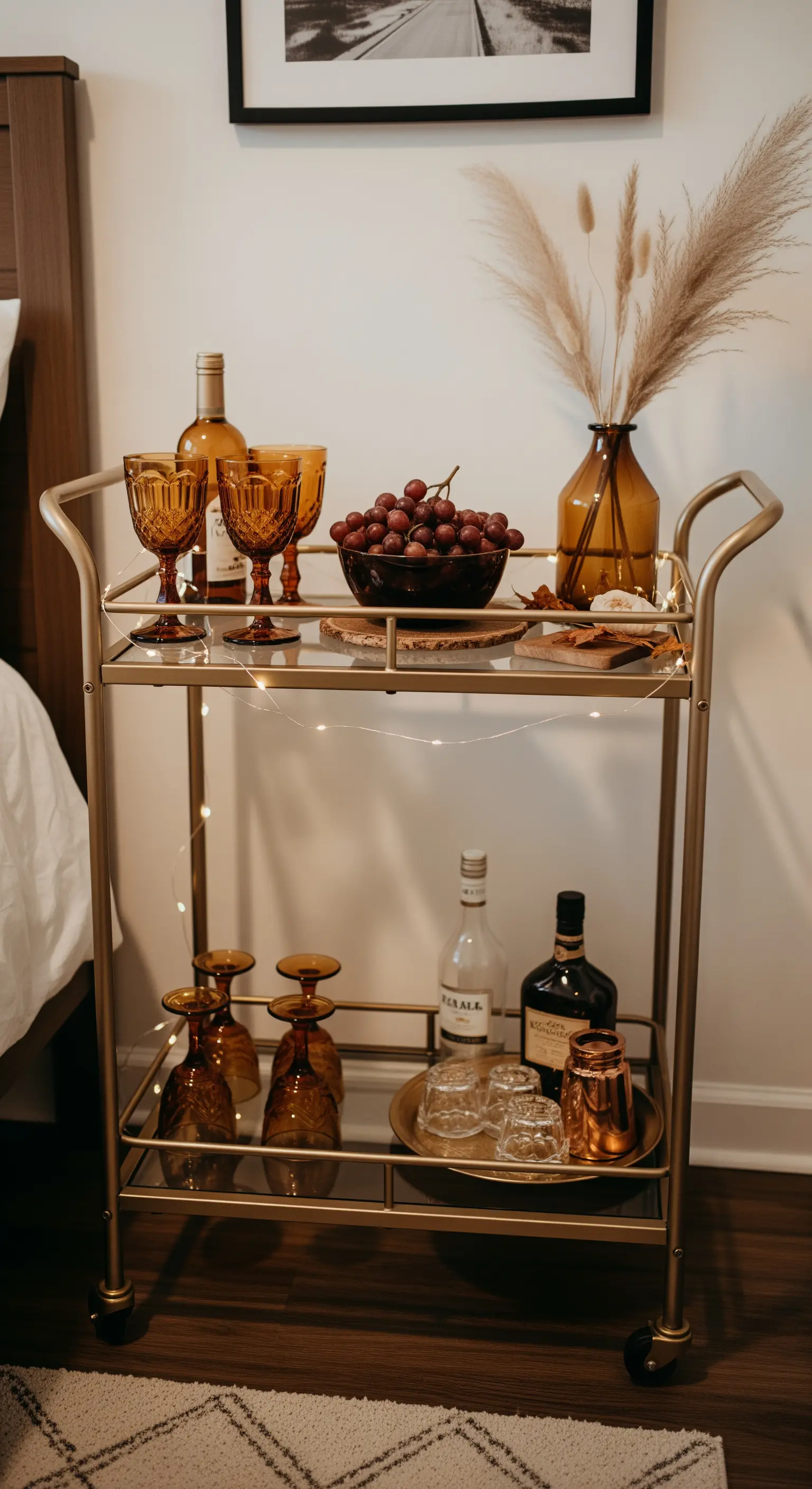 Goldener Barwagen mit Pampasgras, Weintrauben, Weinflaschen.