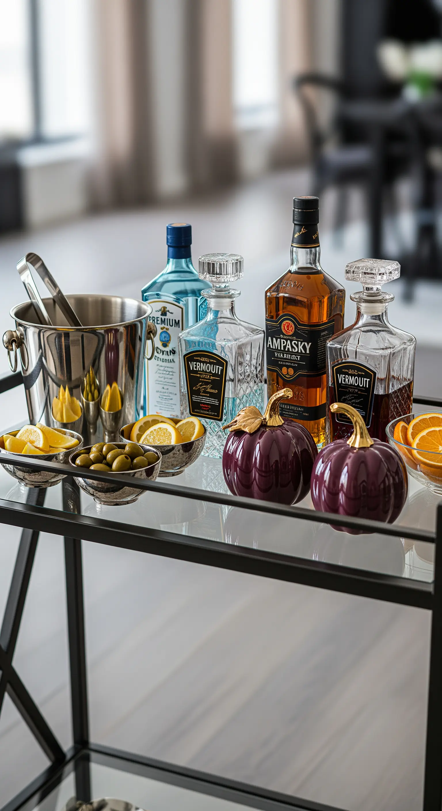 Barwagen mit Spirituosen, Zitronen, Oliven und zwei dunkelvioletten Keramikkürbissen.