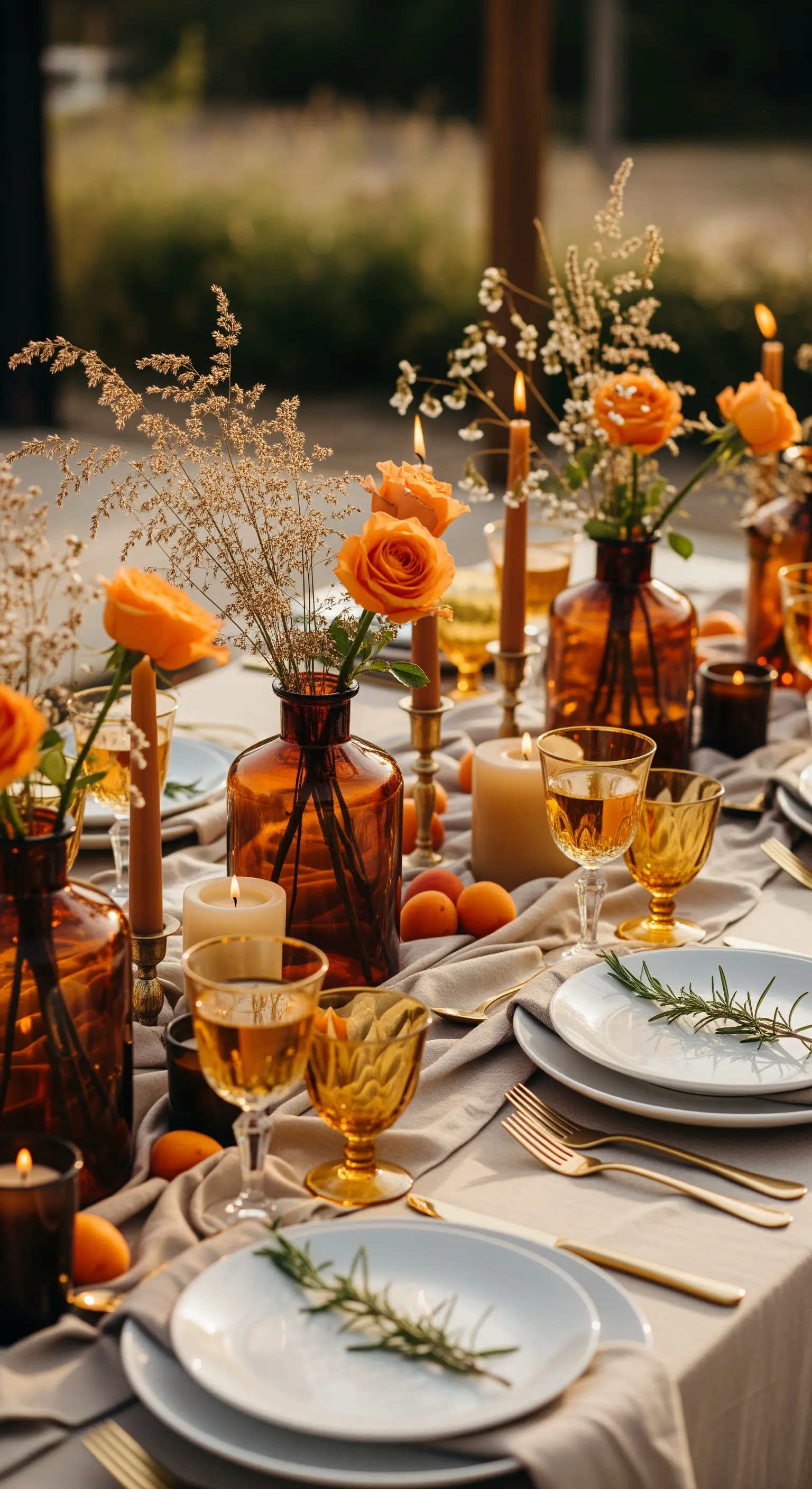 Rostrote Rosen, bernsteinfarbene Vasen und Kerzen mit Aprikosen und Rosmarin