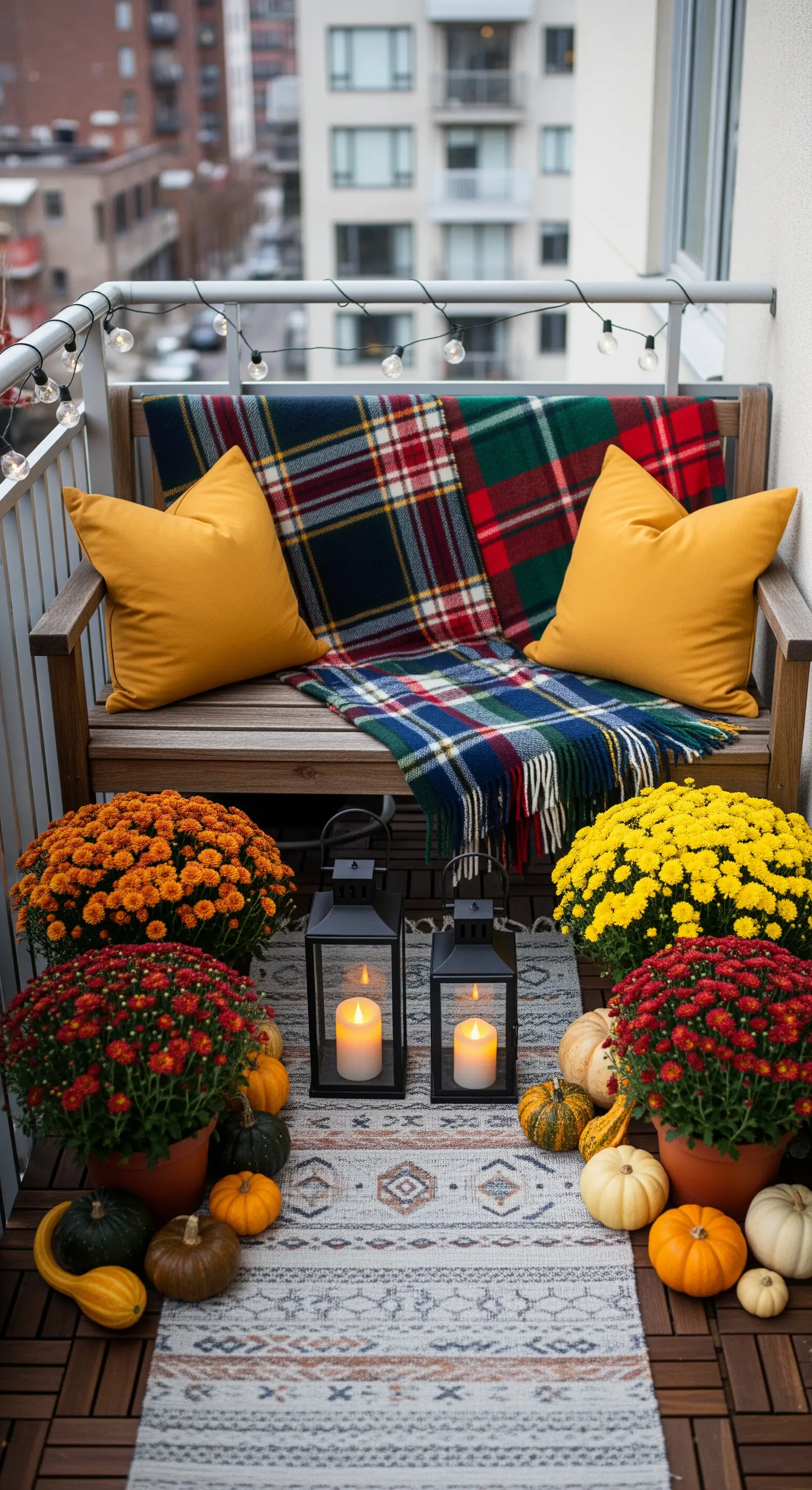 Balkon mit Holzbank, Plaid, Kissen, Laternen, Chrysanthemen und Kürbissen.