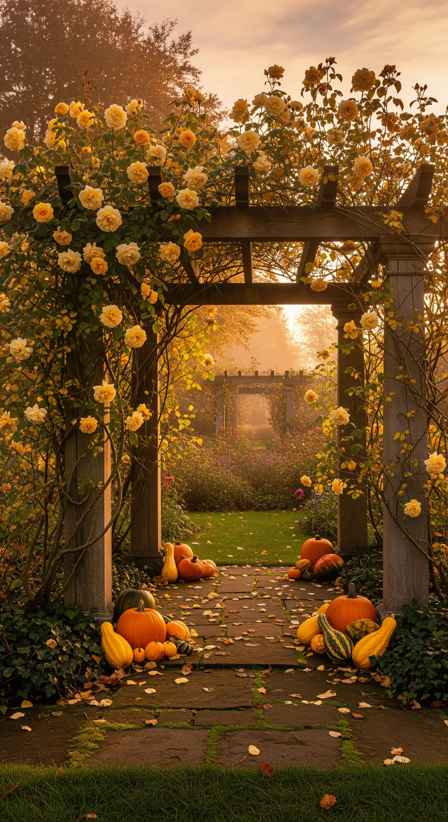 Pergola mit gelben Kletterrosen, herbstliche Kürbisdekoration und fallendem Laub im Morgennebel