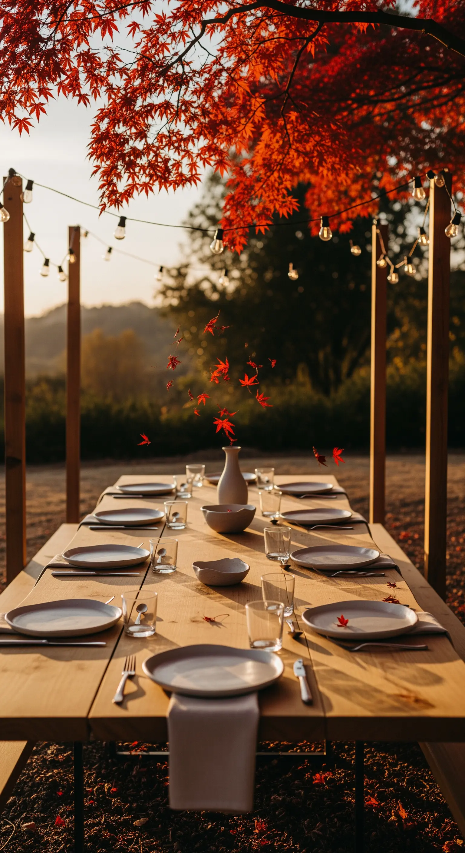 Outdoor Esstisch im Herbst mit Lichterketten und Keramikgeschirr