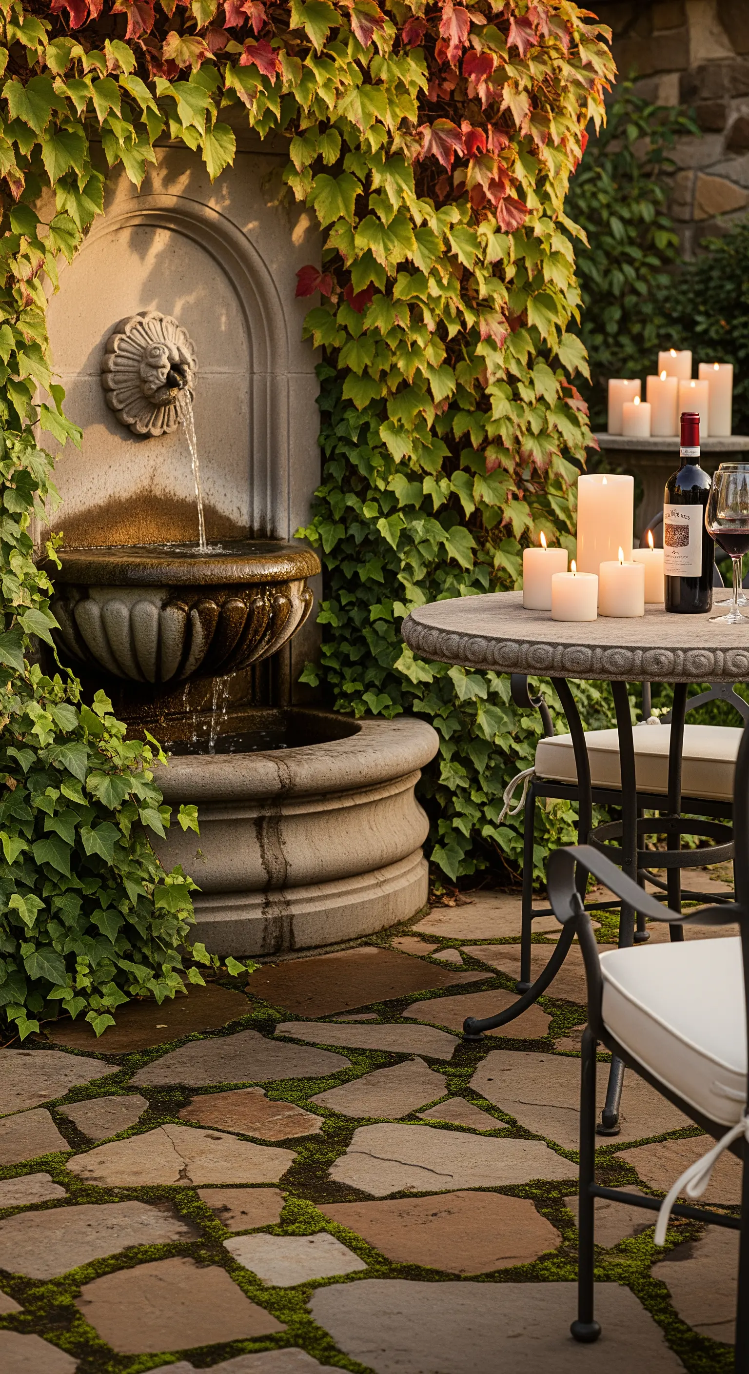 Herbstlicher Hof mit Wandbrunnen, Efeuwand, Bistrotisch, Kerzen und Rotwein