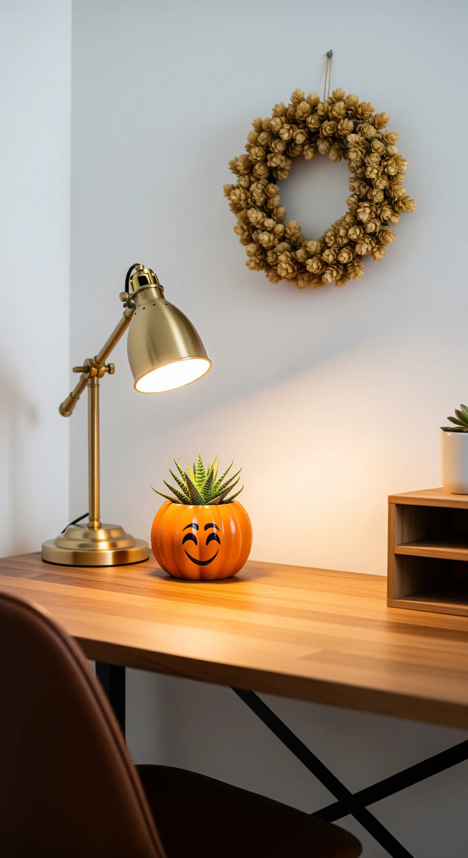 Schreibtisch mit goldener Lampe, Kürbis-Pflanztopf und Hopfenkranz an der Wand.