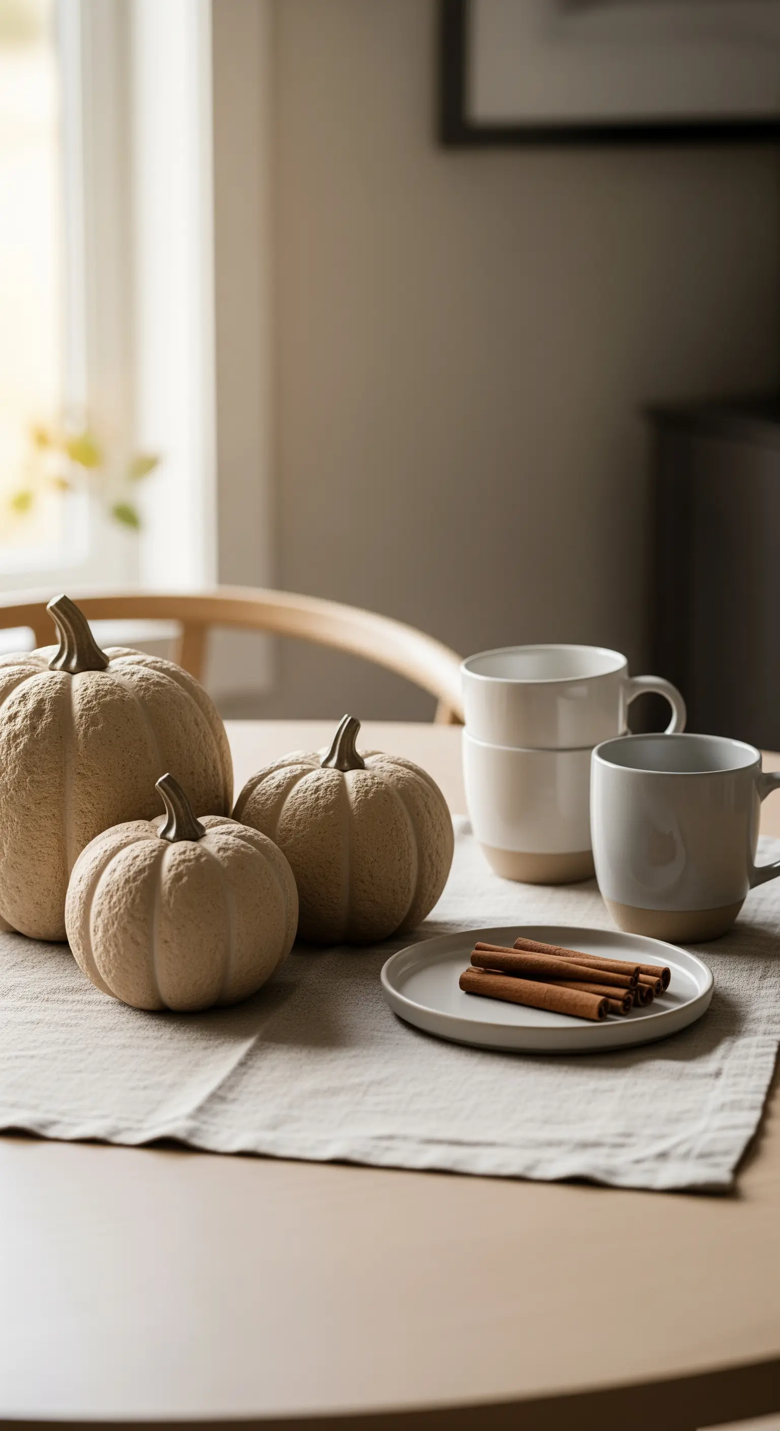 Kaffeetisch mit beigen Keramikkürbissen, Zimtstangen und neutralen Tassen.