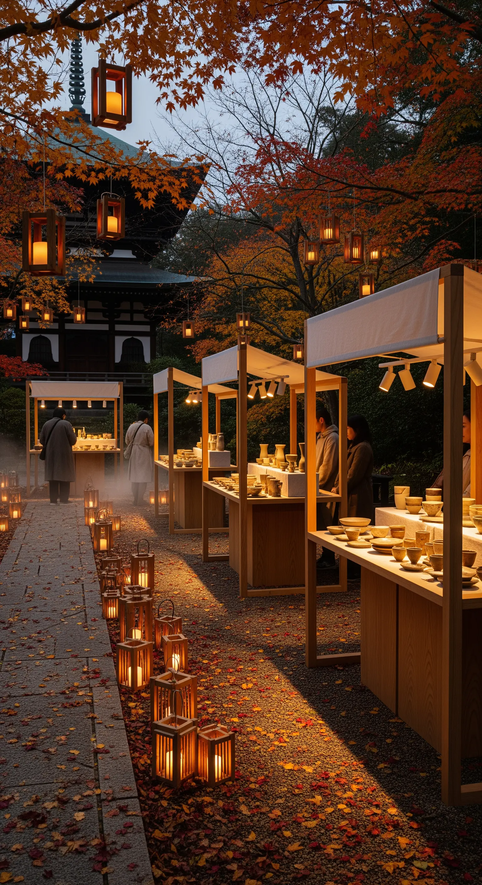 Gartenmarkt mit Keramikständen, Laternen und Herbstlaub bei Nacht