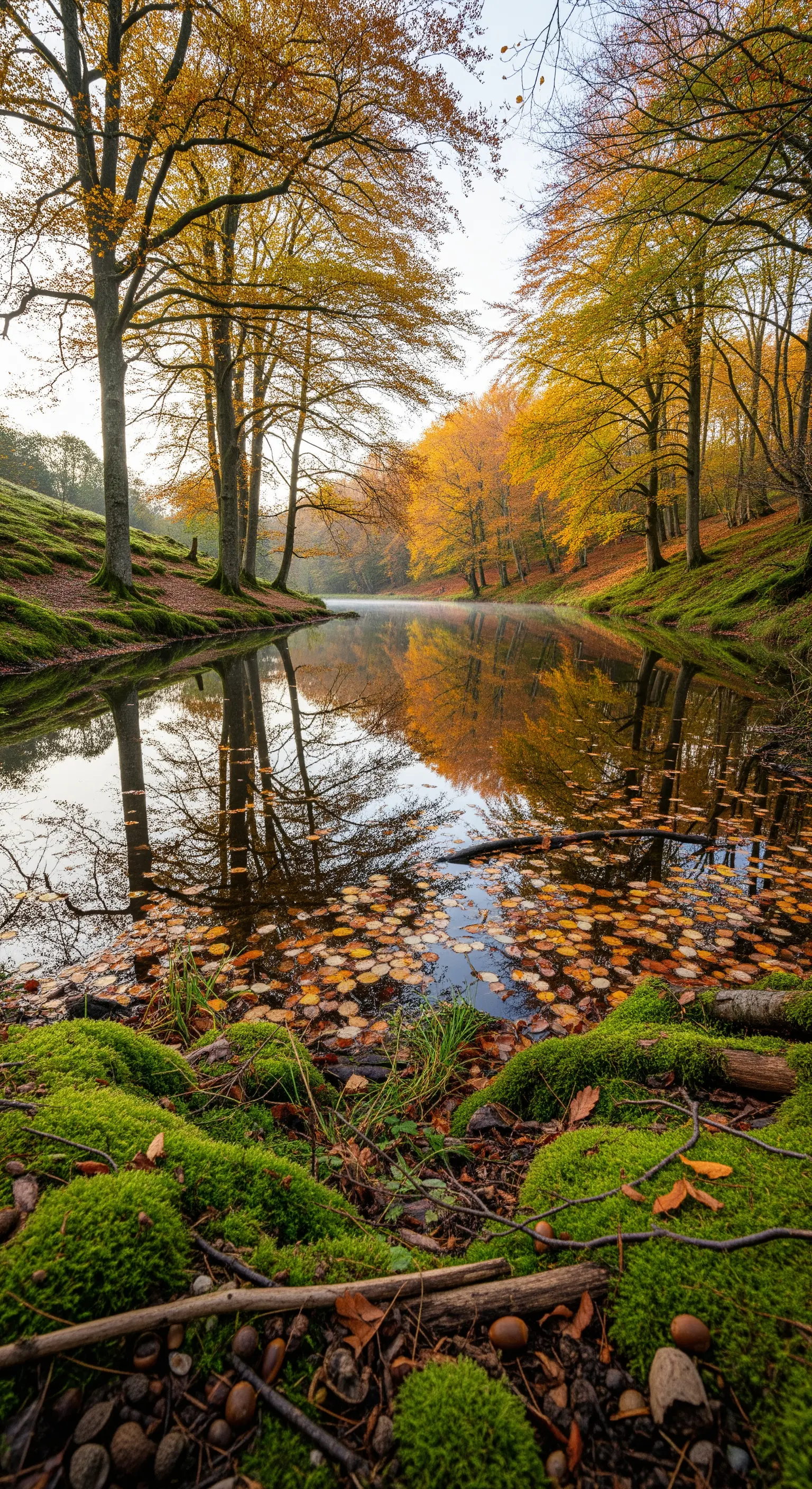 Nebliger Herbstsee in einem Wald mit bunten Blättern und moosbewachsenem Ufer