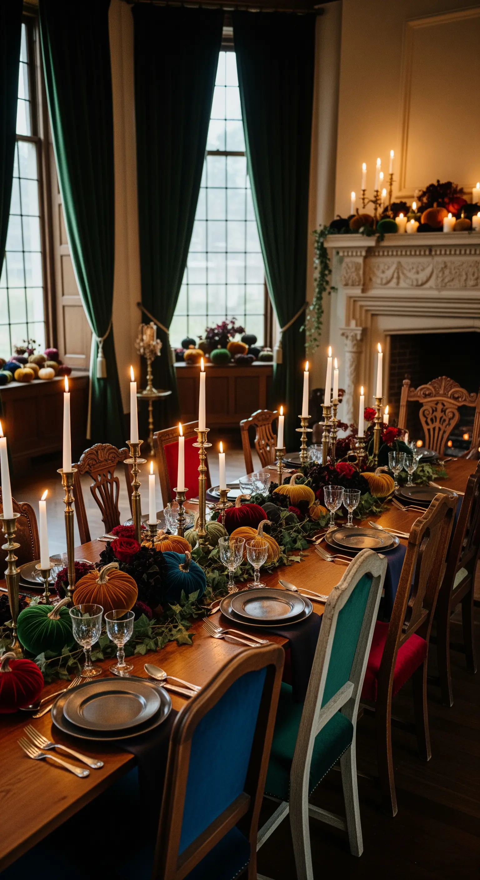 Opulente Halloween Tischdeko mit Samtkürbissen in Juwelentönen und Kerzenlicht