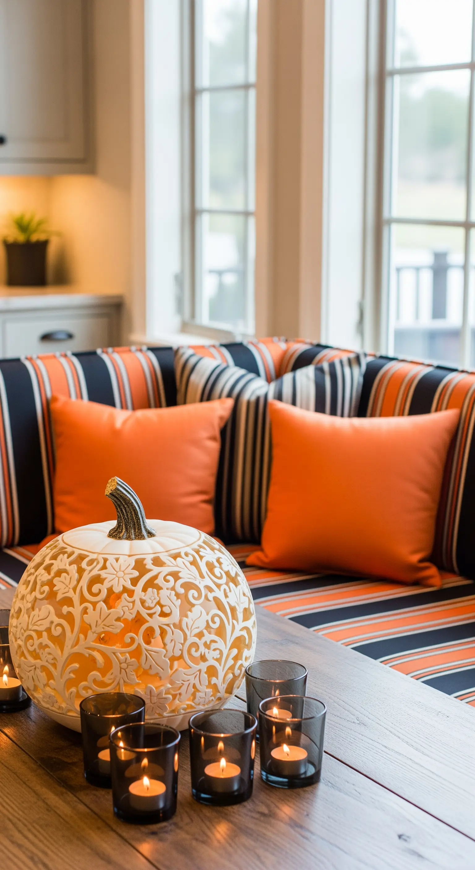 Herbstlicher Essbereich mit geschnitztem Kürbis, Teelichtern und gestreiften Kissen.