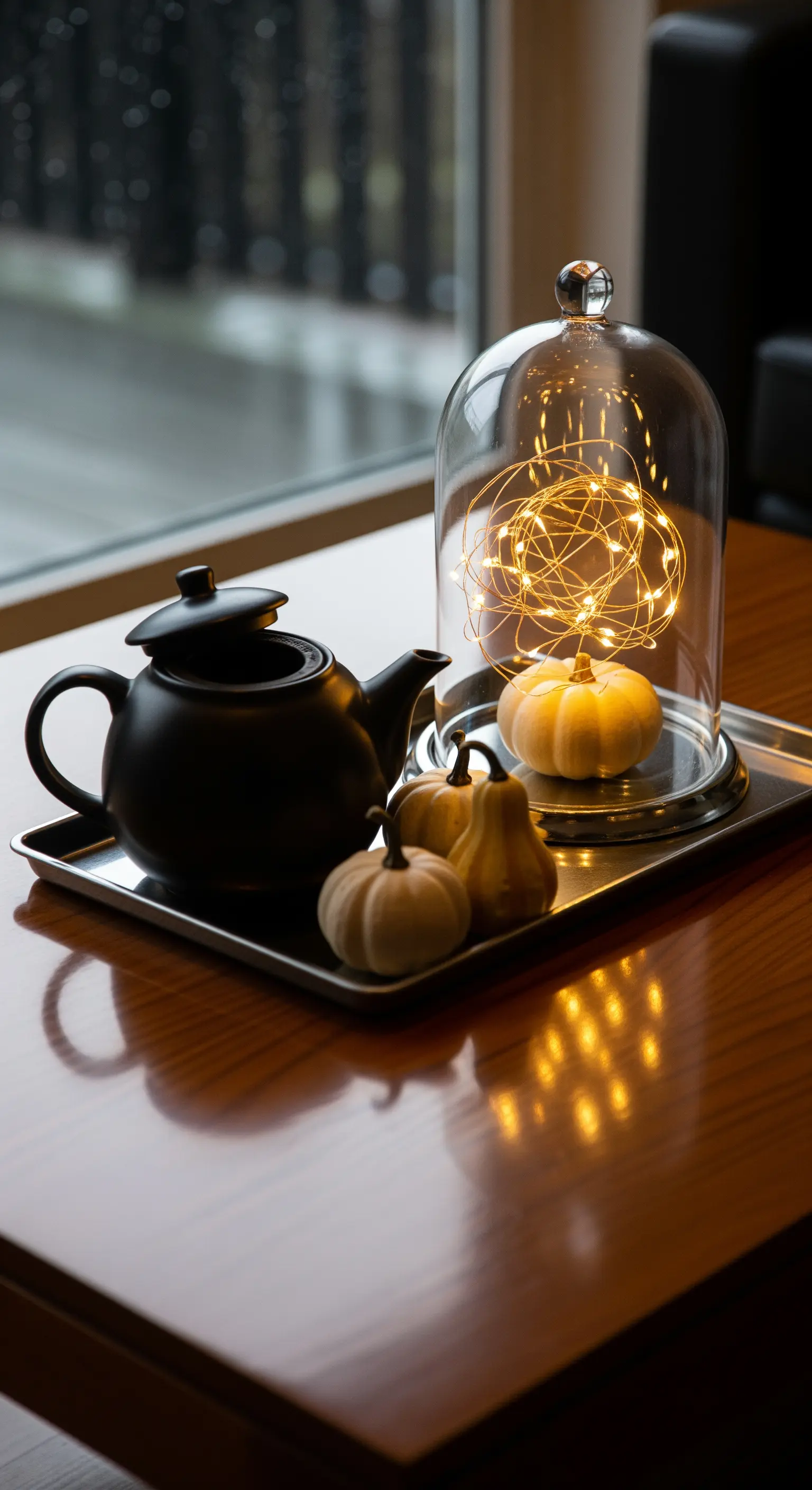 Halloween Tischdeko-Tablett mit Teekanne, Mini-Kürbissen und Lichterkette unter Glasglocke