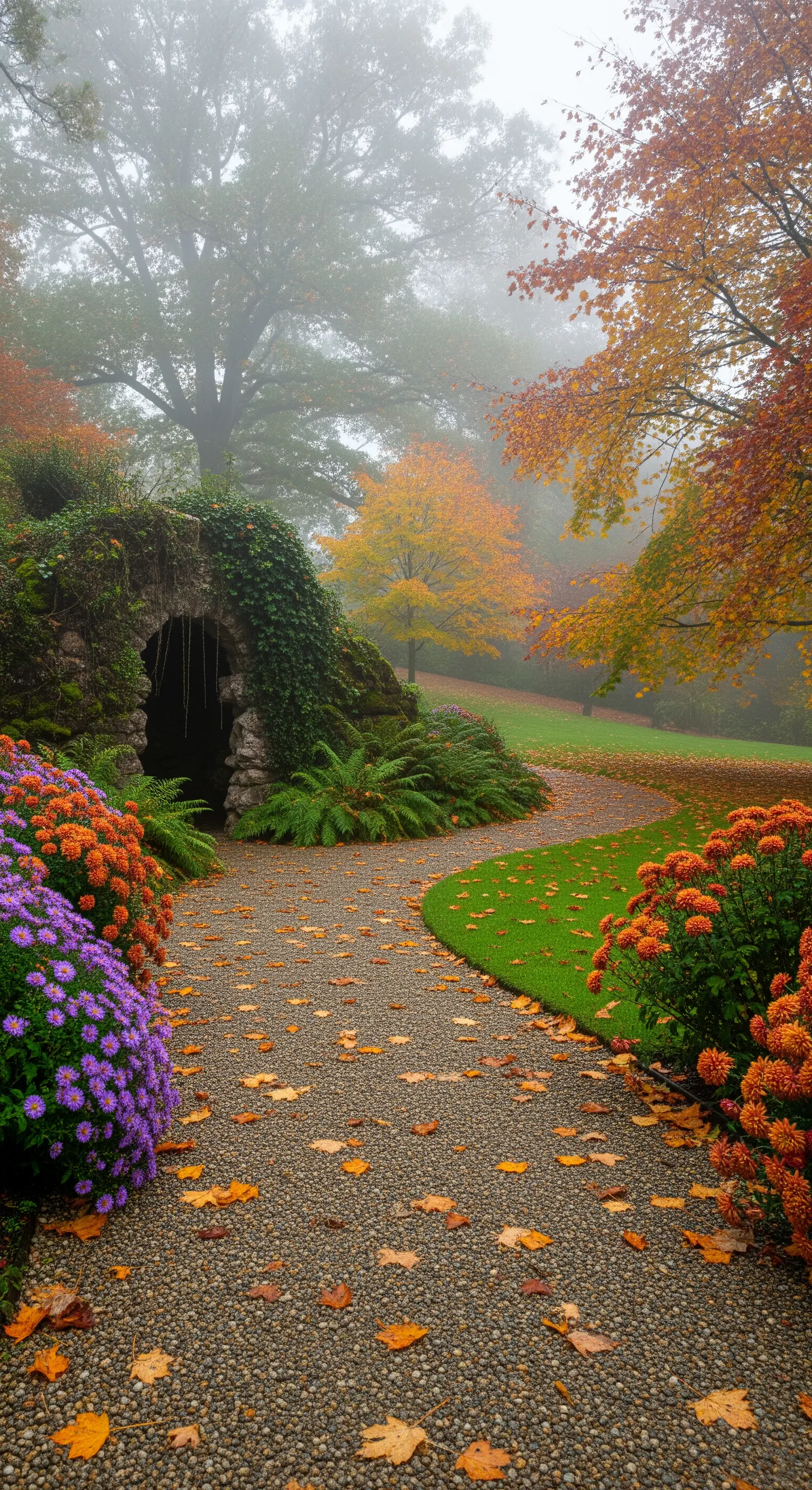 Herbstlicher Kiesweg mit Laub, Astern, Chrysanthemen und Nebelgrotte