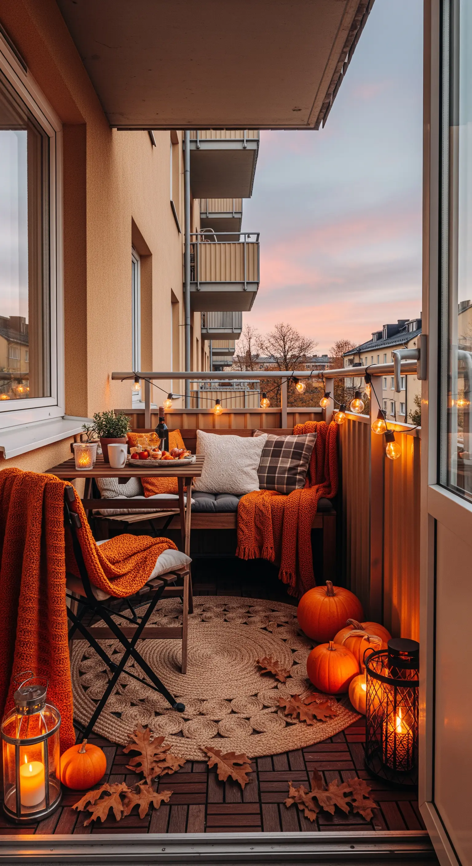 Gemütliches Balkonrefugium mit warmen Decken, Kürbissen und Lichterketten