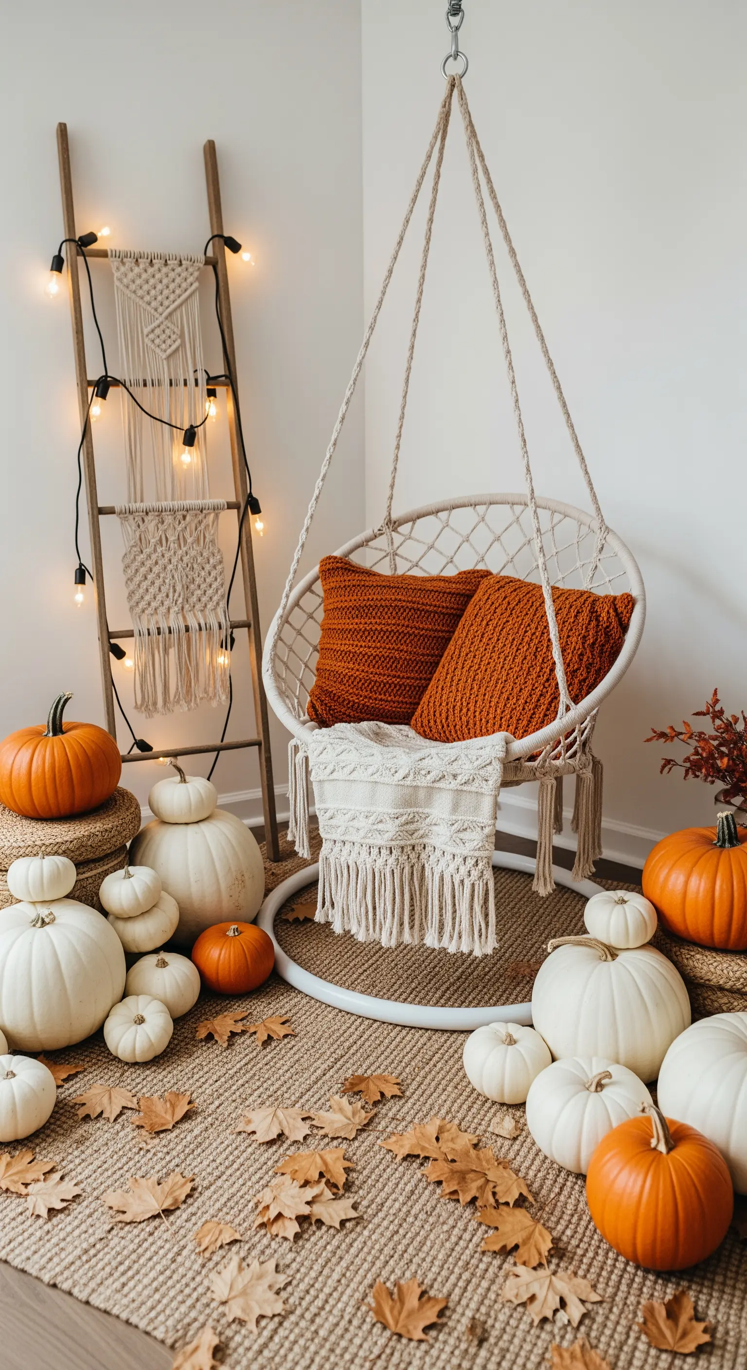 Boho-Hängesessel, Kürbisse, Lichterkette, Makramee-Leiter