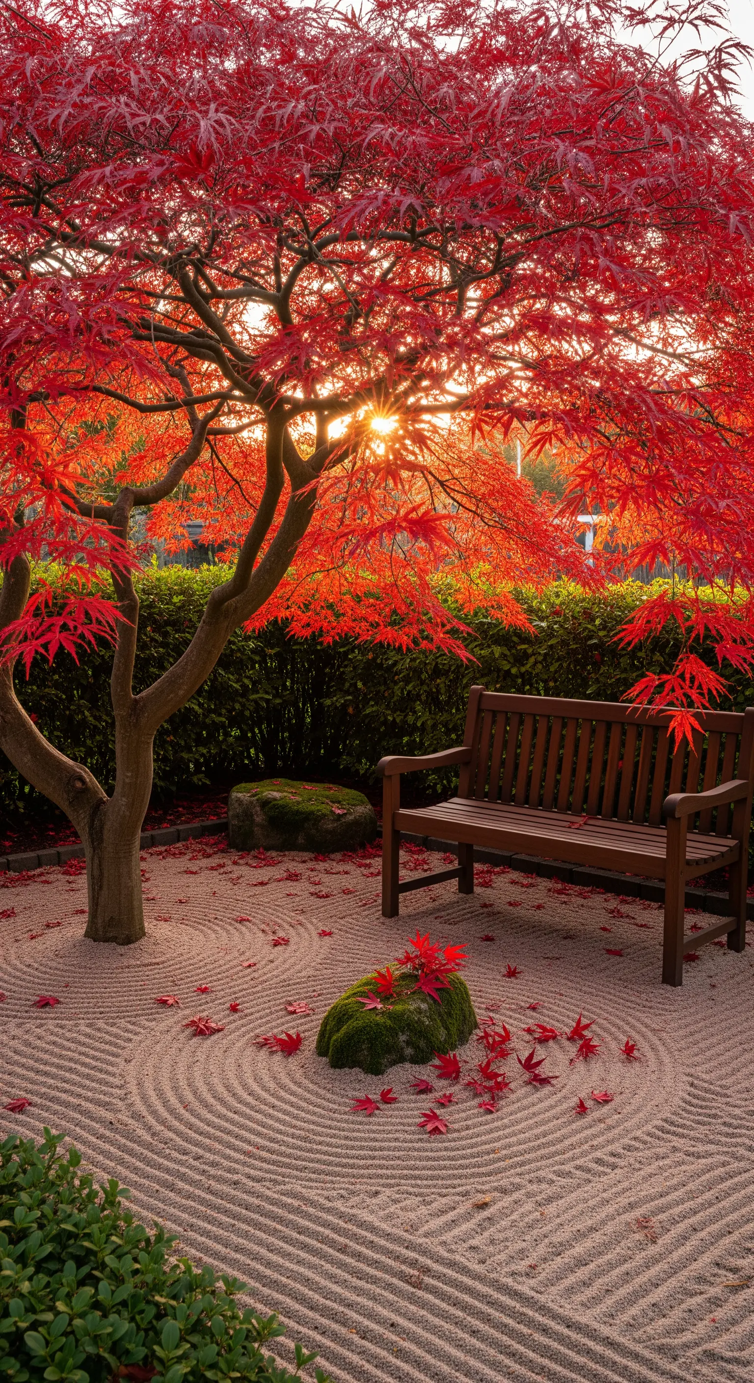Japandi-Garten im Herbst mit rotem Ahorn und Laub auf dem Sand.
