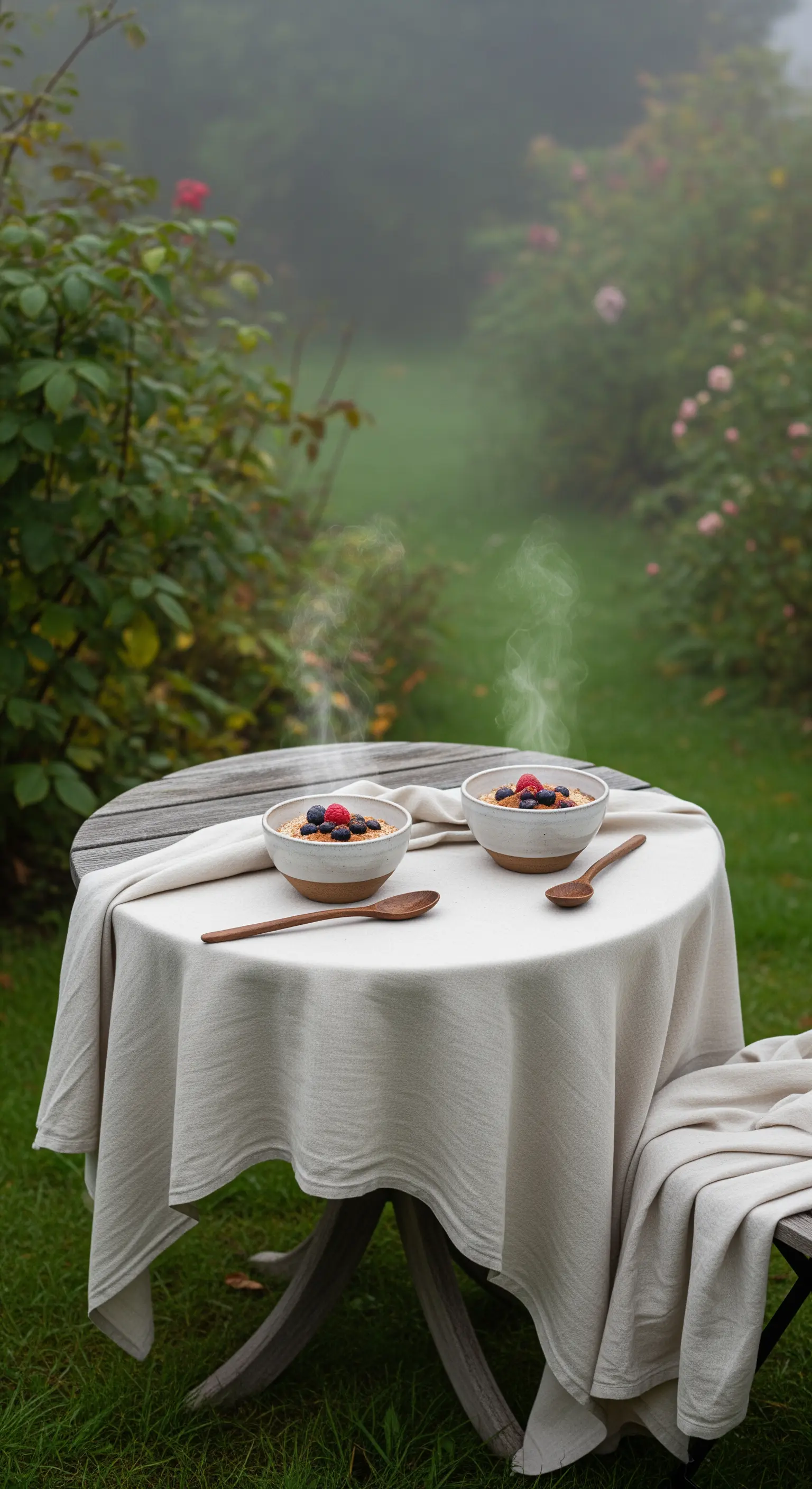 Frühstückstisch im Garten mit Leinentuch, Keramikschalen und Holzlöffeln