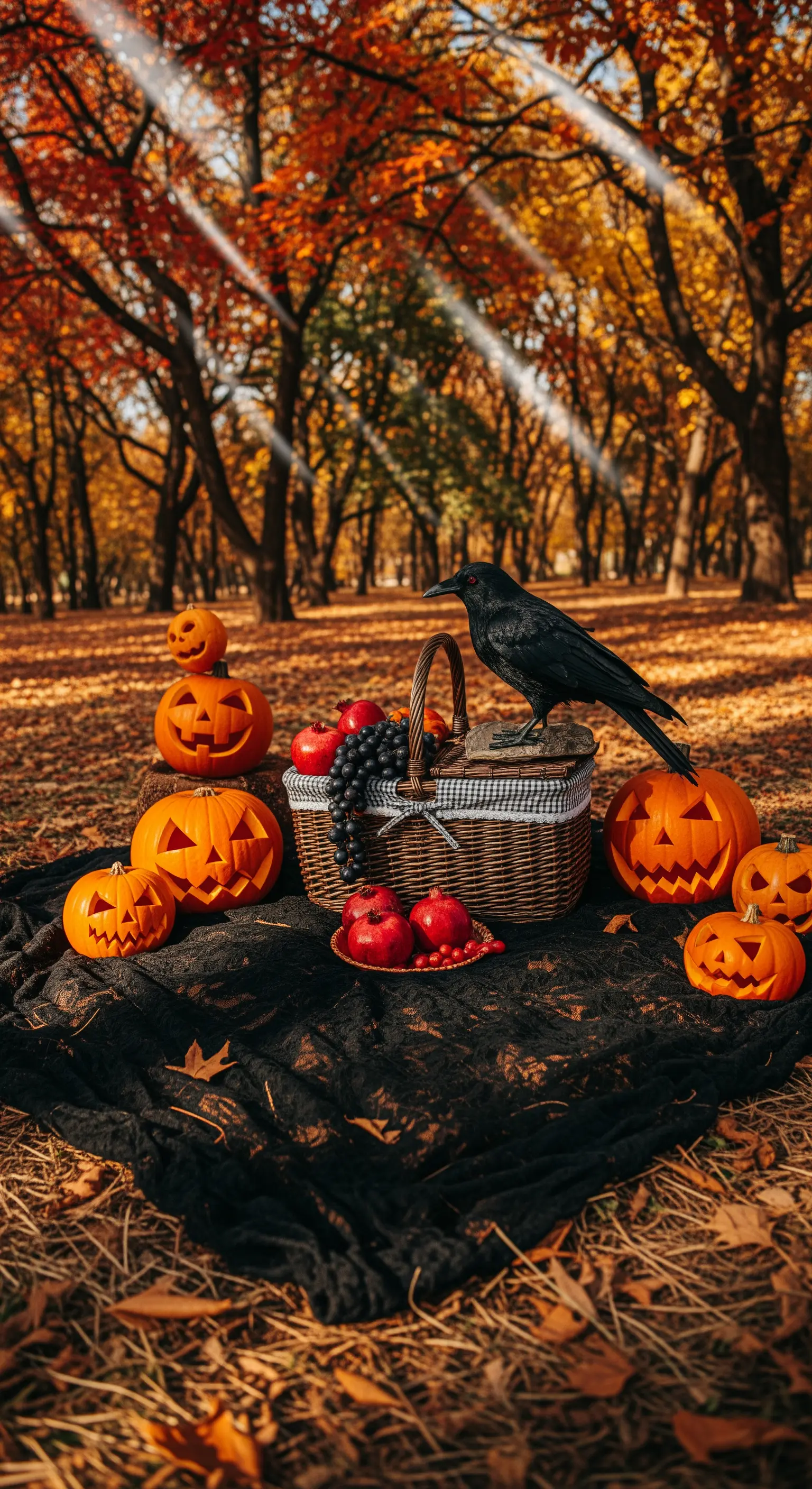 Herbstliches Halloween-Picknick mit Kürbissen, Korb und Rabe im Wald