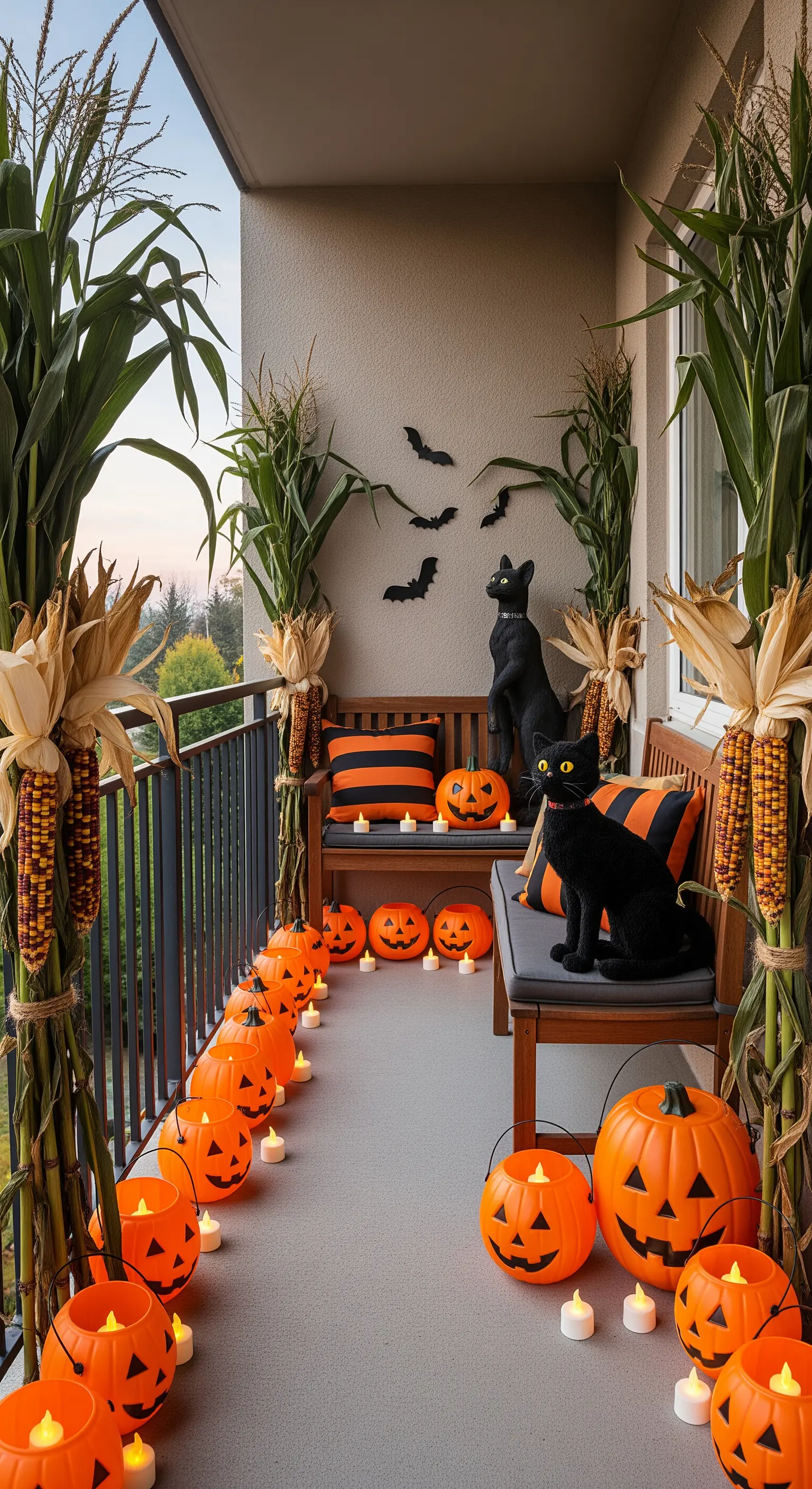 Balkon dekoriert mit Maisstauden, schwarzen Katzenfiguren, Kürbissen und orange-schwarz gestreiften Kissen.