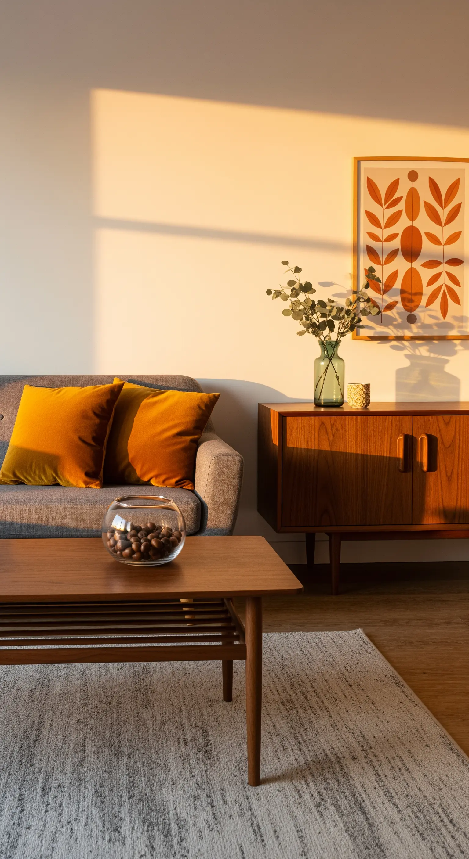 Senfgelbe Kissen auf einem grauen Sofa im Mid-Century-Stil.