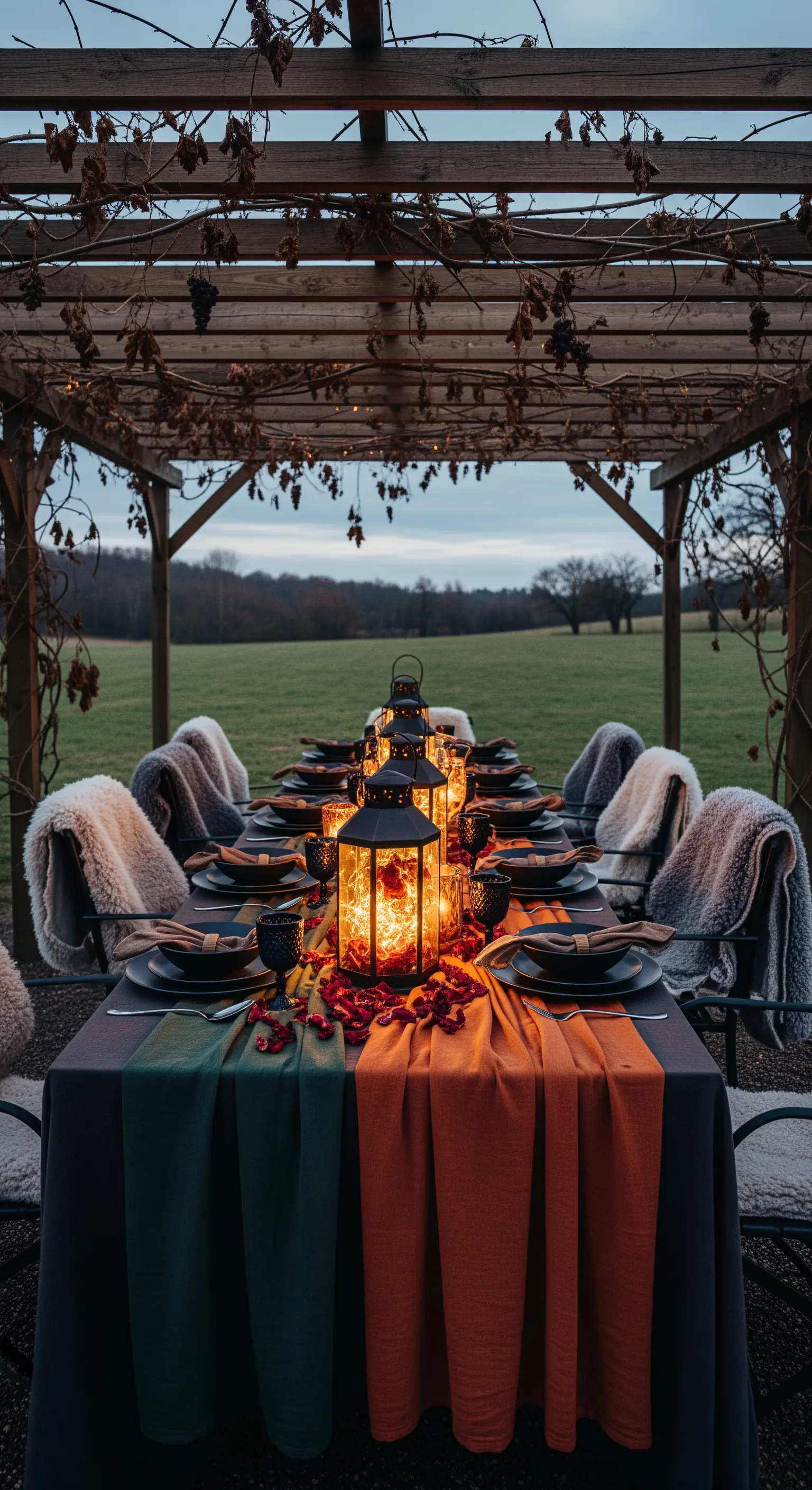 Outdoor-Tafel mit Lichterketten, Laternen, Beeren, Schaffellen unter Pergola für herbstliches Abendessen.
