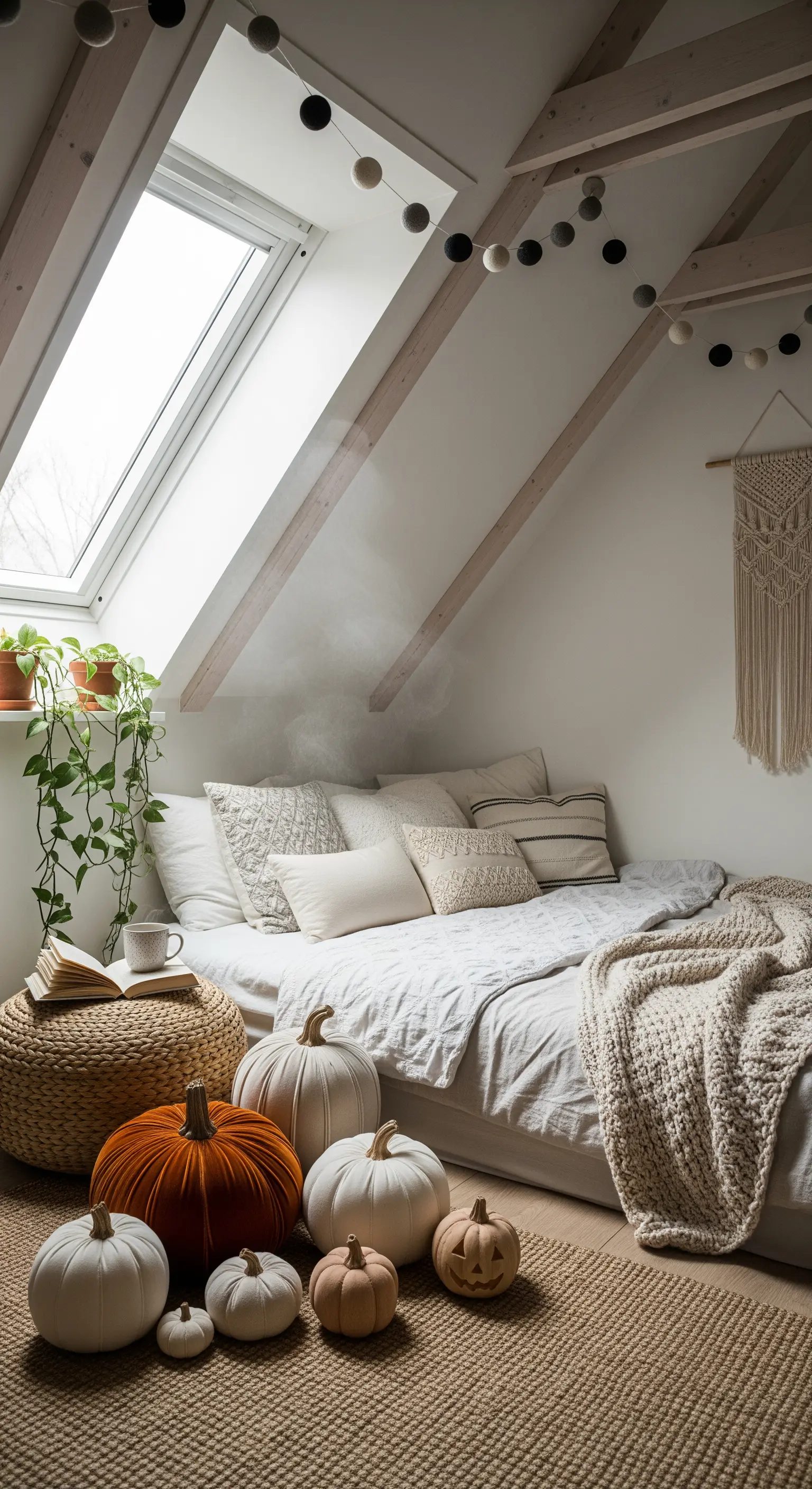 Schlafzimmer mit orangefarbenem Samt-Kürbis und weißen Kürbissen am Bett.